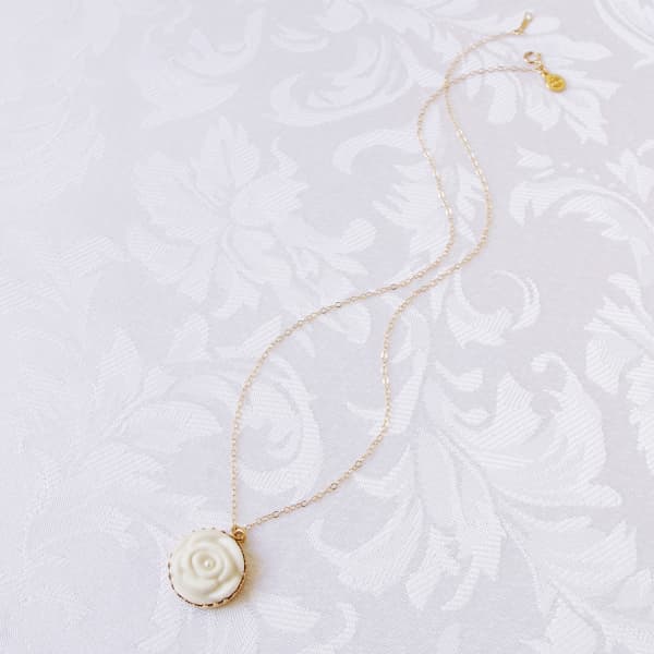 Poporcelain Porcelain Rose With Pearl Gold Filled Necklace In Filled