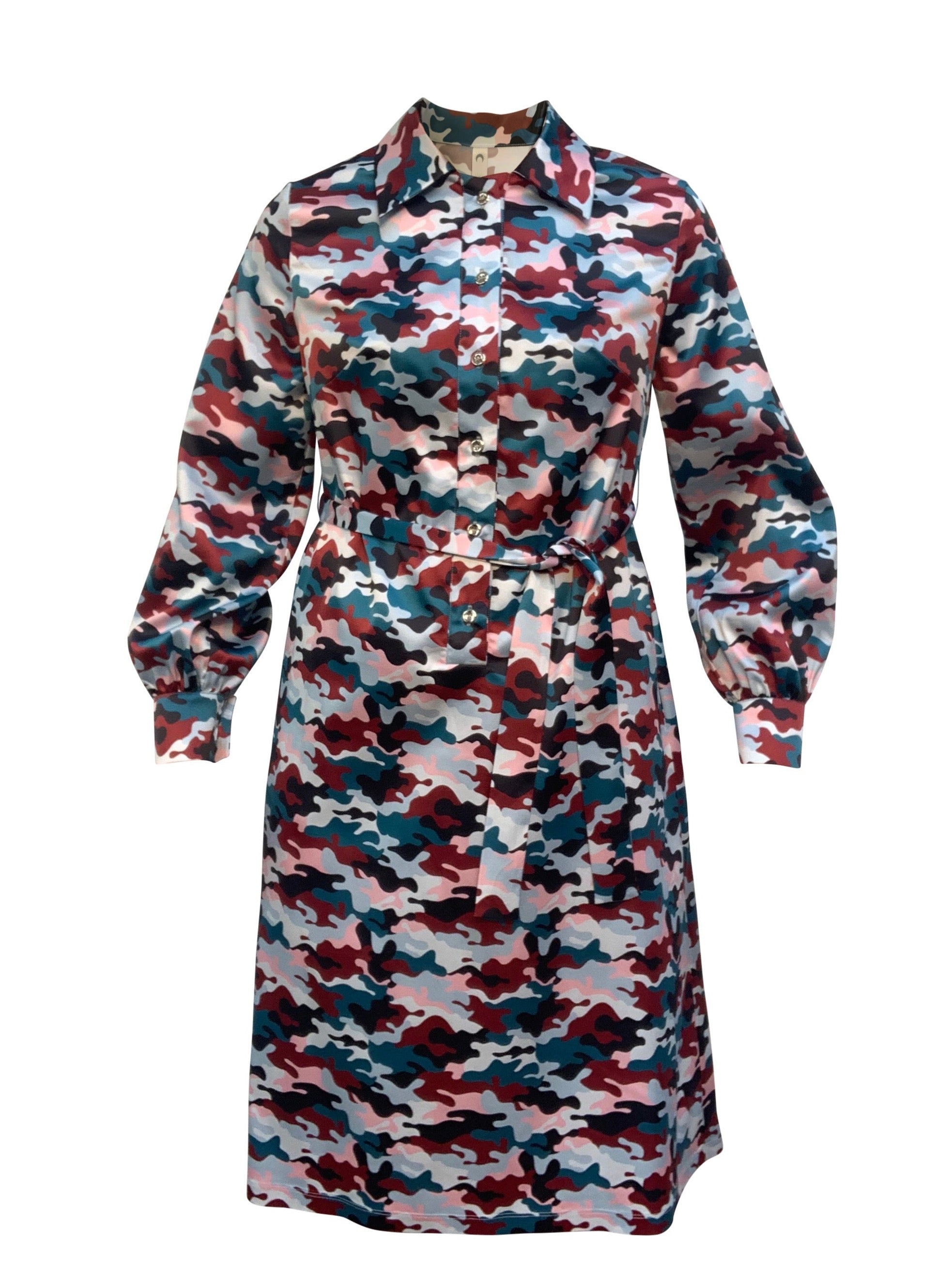 Women’s Red Elama - Sunset Camo Print Long Sleeve Shirt Dress Extra Small Eluroom