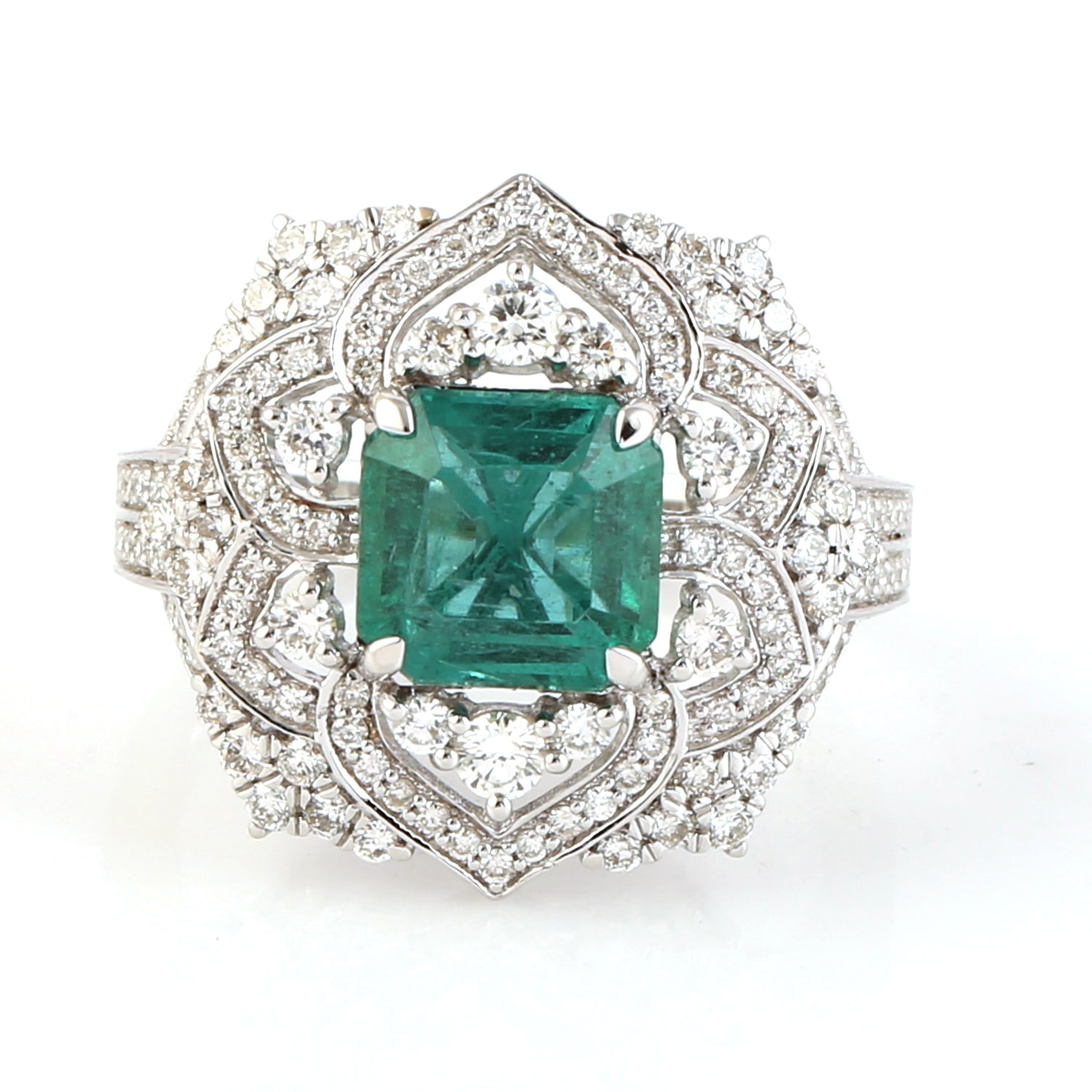 Women’s White / Green Solid 18K White Gold Emerald Gemstone Natural White Diamond Cluster Cocktail Ring Artisan