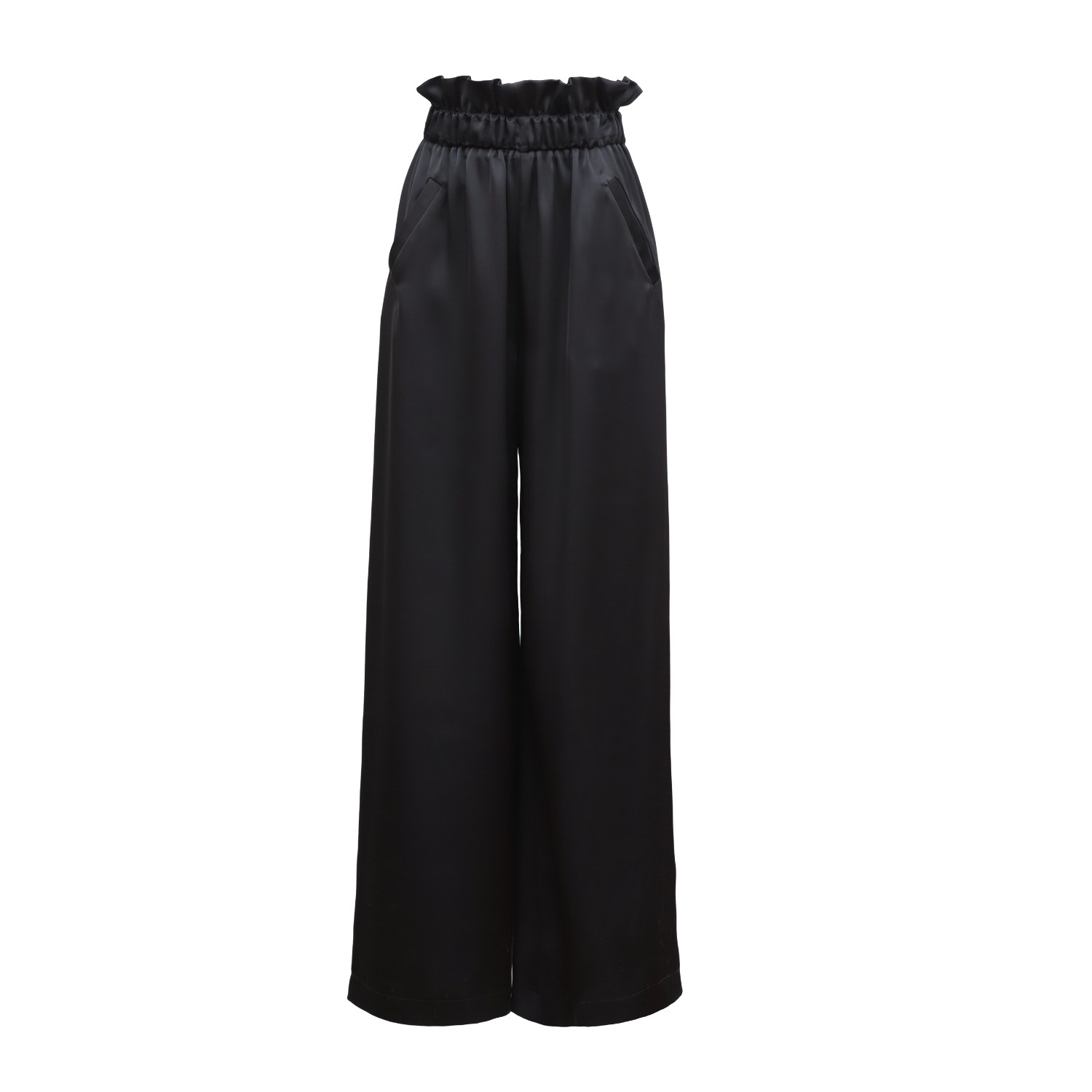 Julia Allert Women's Satin Wide-leg Pants With Ruffled Waist Black In Black