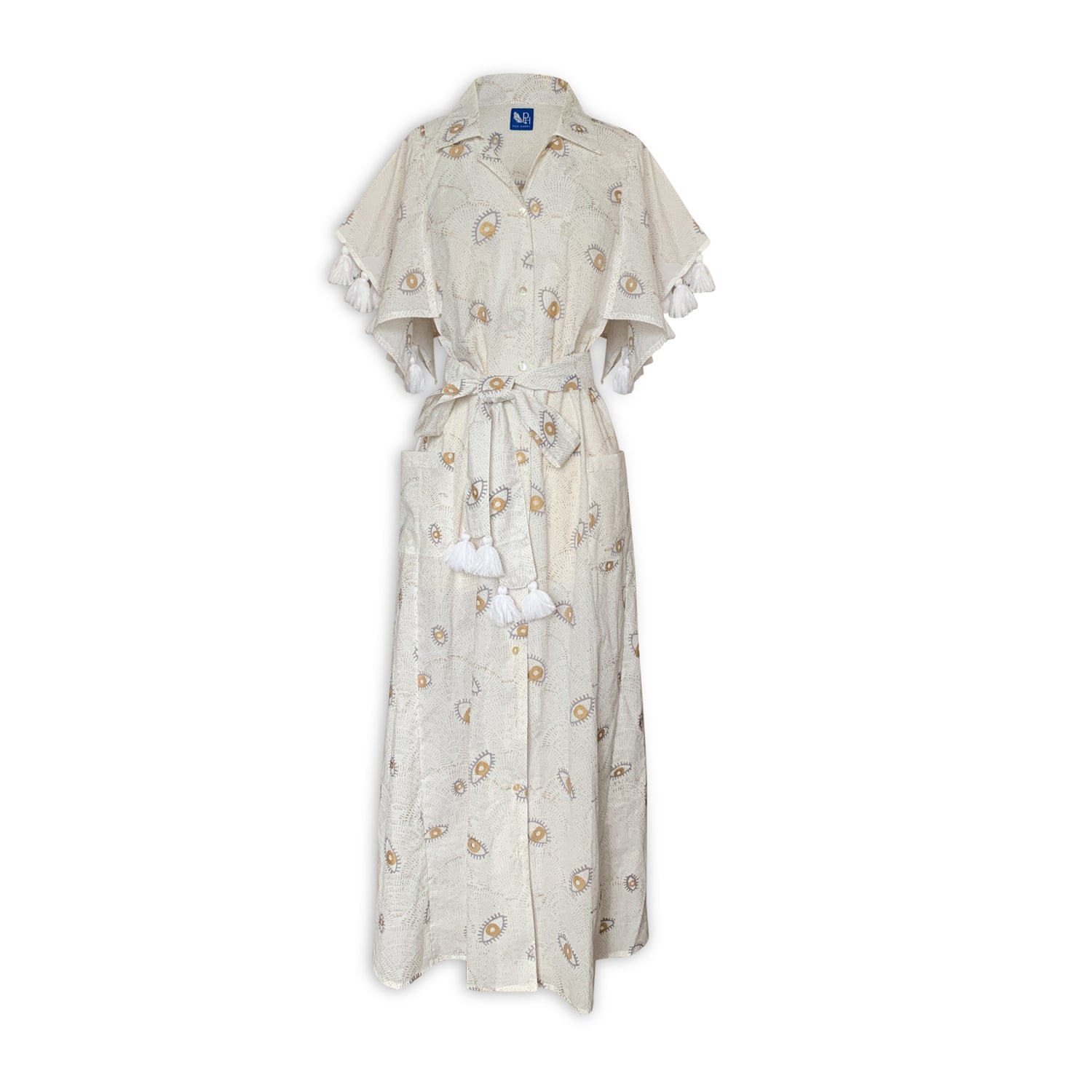 Pick Happy Women's Half Sleeve Cotton Kimono With Tassels, Handblock Evil Eye White Gold In White