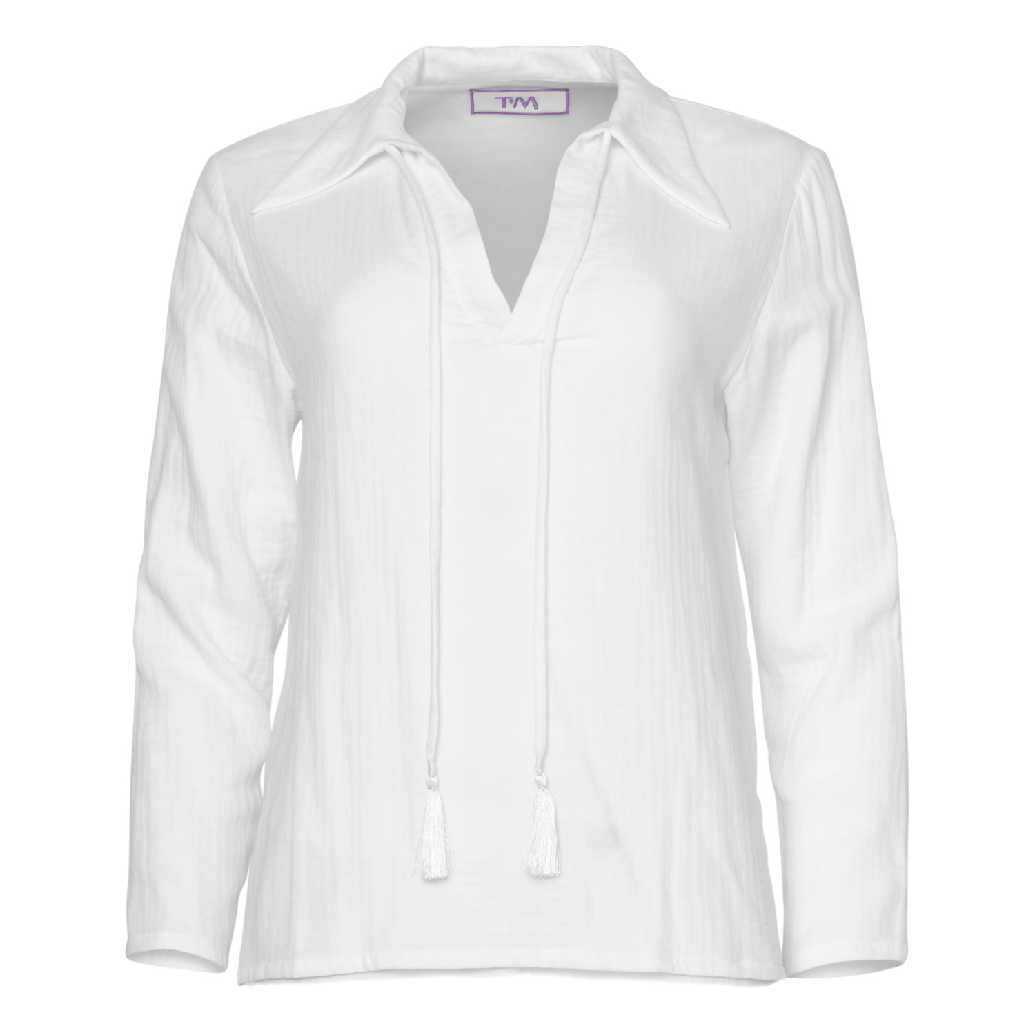 Tiger And The Monkey Women's White The Donna Triple Cotton Gauze V Neck Collar Shirt With Tassels In White