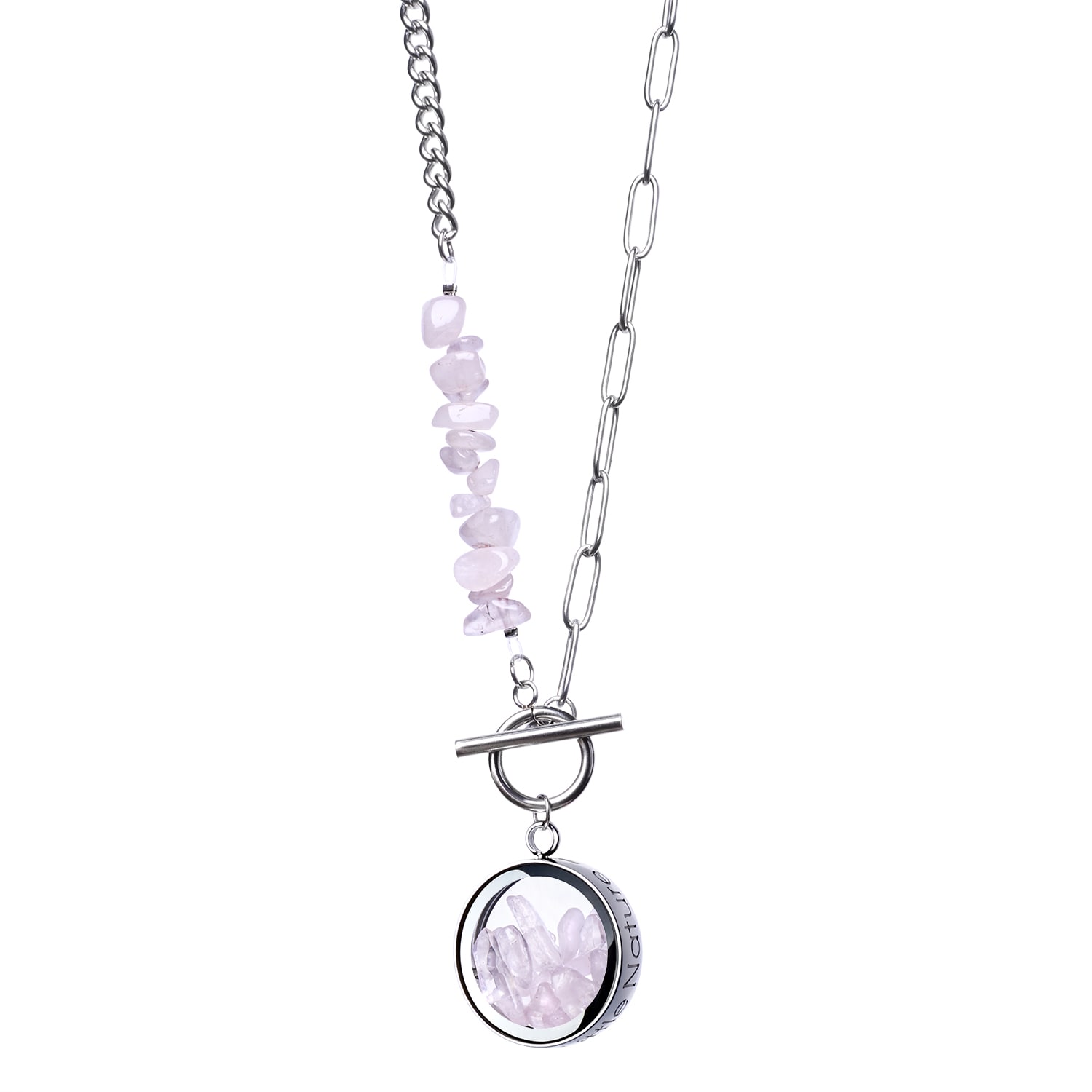 My Little Nature Women's Silver / Pink / Purple Rose Quartz Crystal Necklace With Beaded Chain – Handcrafted Designer