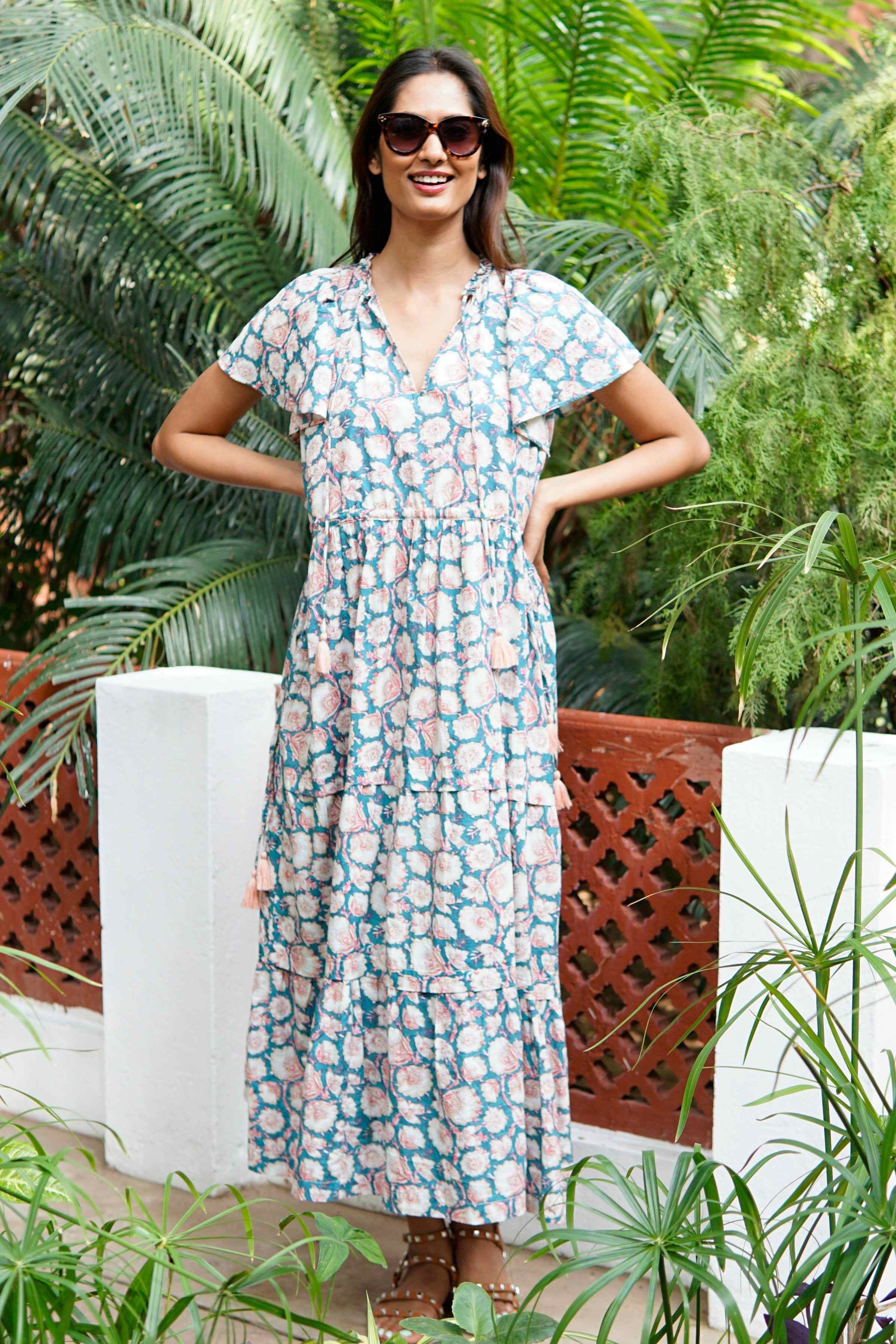 sicily flowers printed cotton midi dress Floral color:Forest Women's Plus Size Christmas Price_Rs. 0-2999 a fresh summery floral
