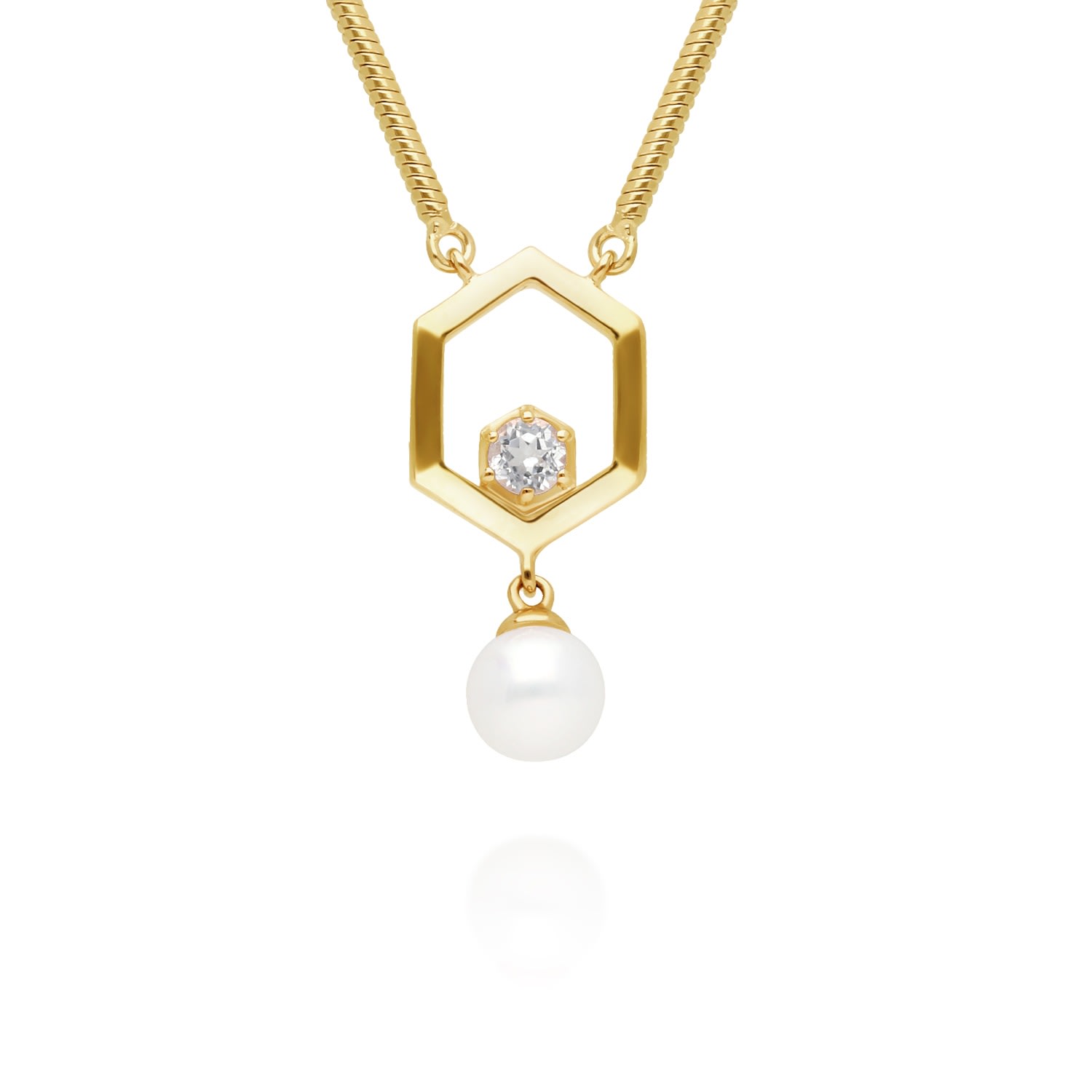 Women’s Modern Pearl & White Topaz Hexagon Drop Necklace In Gold Plated Sterling Silver Gemondo