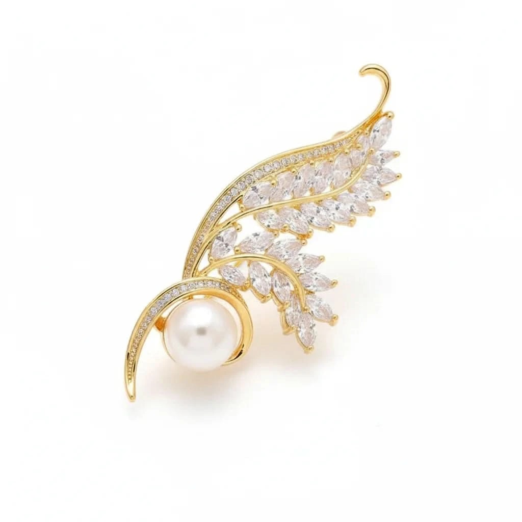 Women's Gold Natural Pearl Zircon Wheat Brooch | Angel Barocco