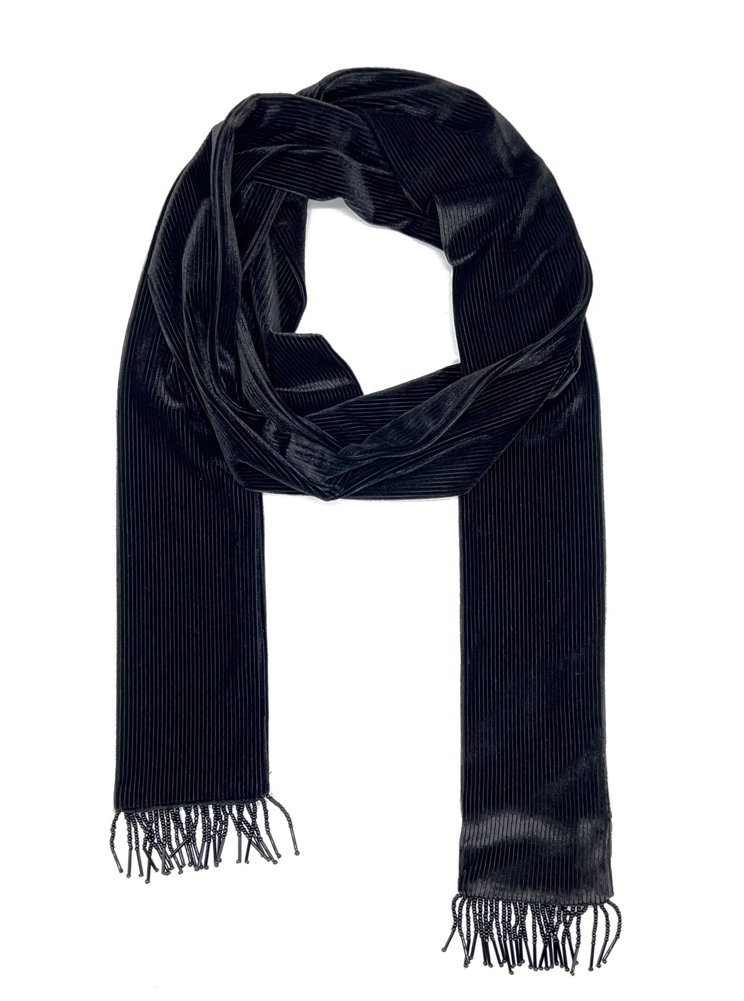 Tuxedo Skinny Velvet Scarf With Beaded Fringe-Black | NOOKI DESIGN