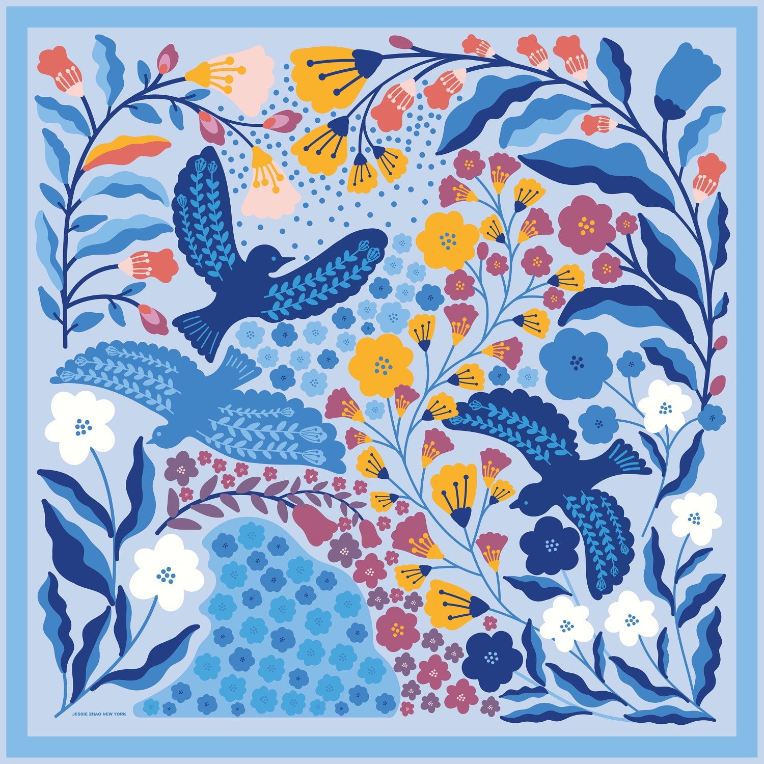 Jessie Zhao New York Double Sided Wool Silk Scarf Of Blue Bird In Blue