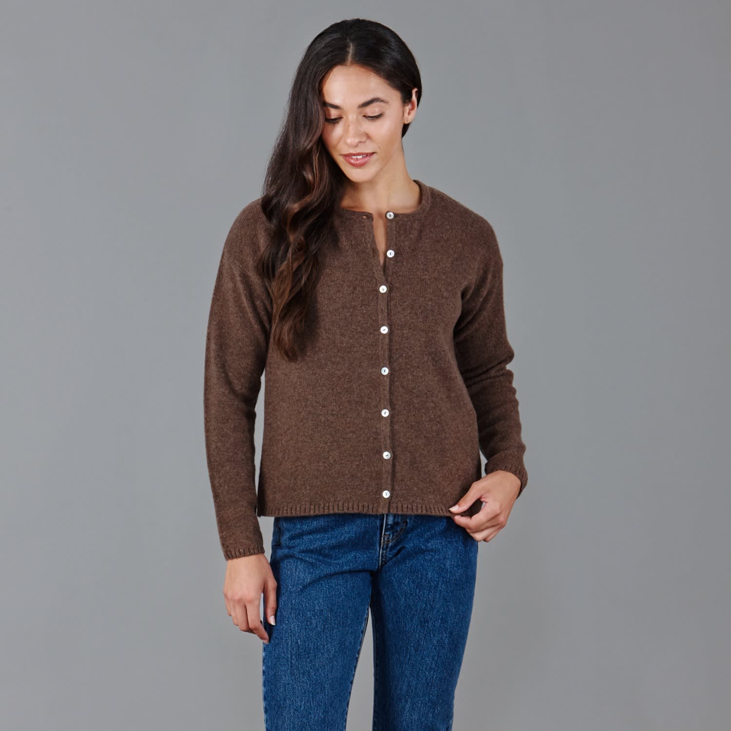 Womens Midweight 100% Lambswool Crew Neck Leona Cardigan - Tobacco by Paul  James Knitwear