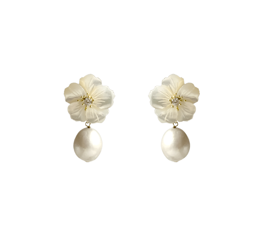 Laura Gray Women's White Pearl Drop Flower Drop Earrings