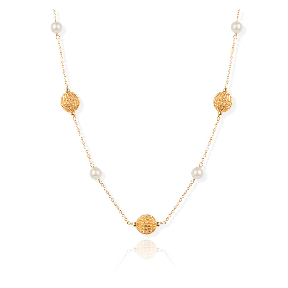 Women’s White / Gold Decus Textured Gold Ball Chain Necklace With Cultured Freshwater Pearls Pearls of the Orient Online