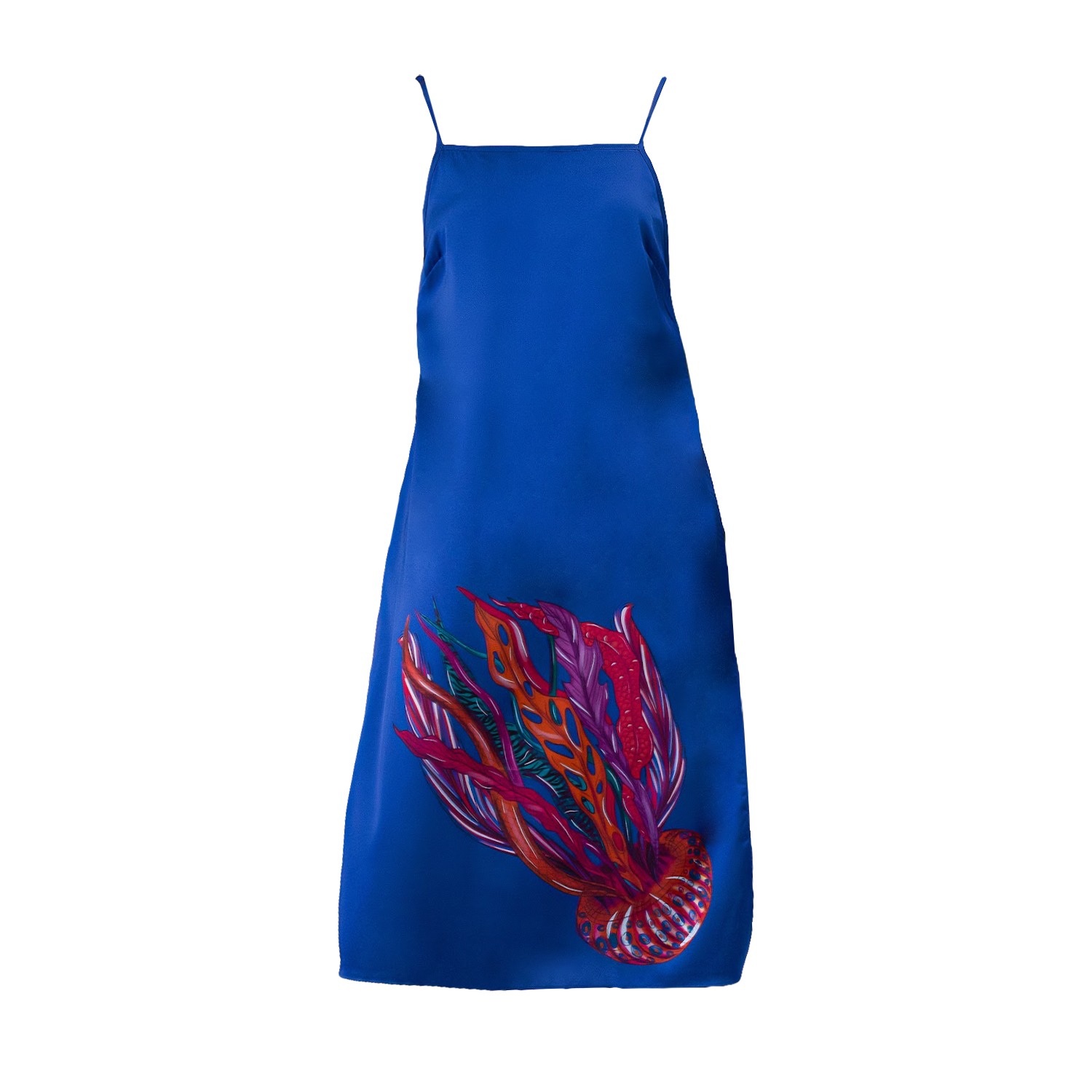 Janara Jones Women's Blue Jelly Fish Print Satin Side-split Staight-neck Cami Top In Blue