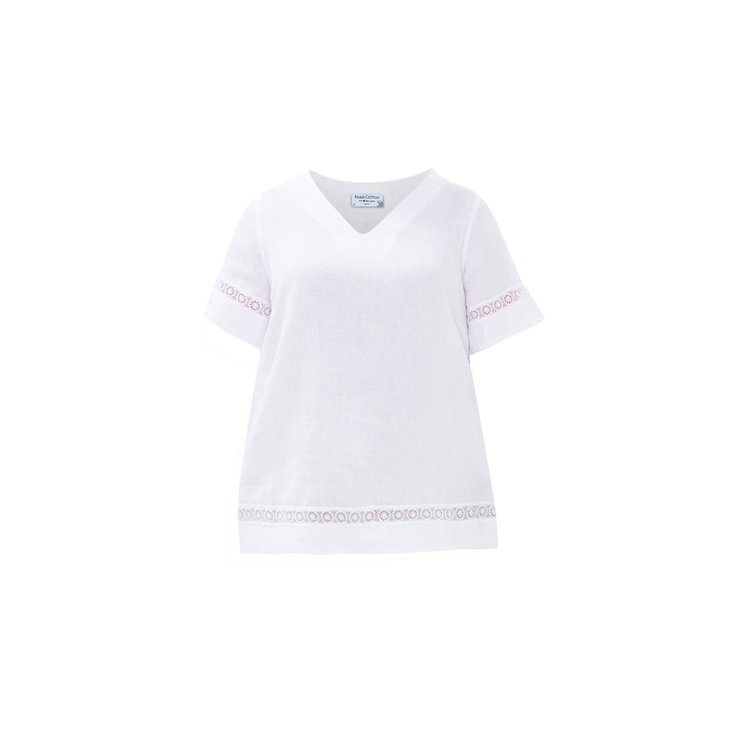 Women’s Guipure Lace Insert Linen Blouse With V Neck And Short Sleeve - White Medium Haris Cotton