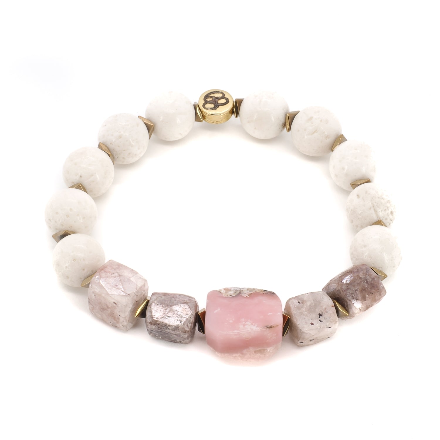 Women’s White / Gold / Pink Pink Quartz Balance Beaded Bracelet - Pink Ebru Jewelry