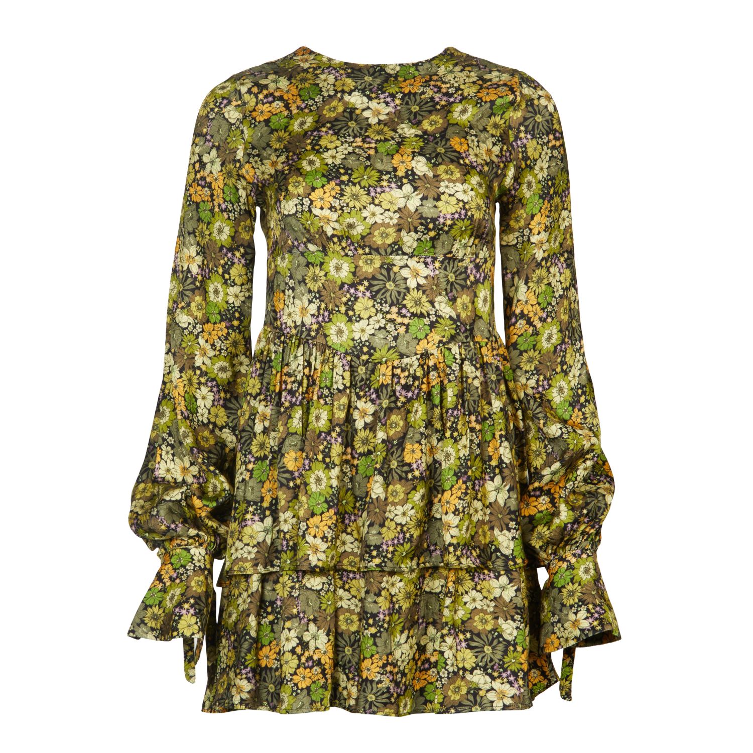 Lavaand Women's The Stevie Tie Sleeve Tiered Mini Dress In Jaquard Green Floral In Green/black