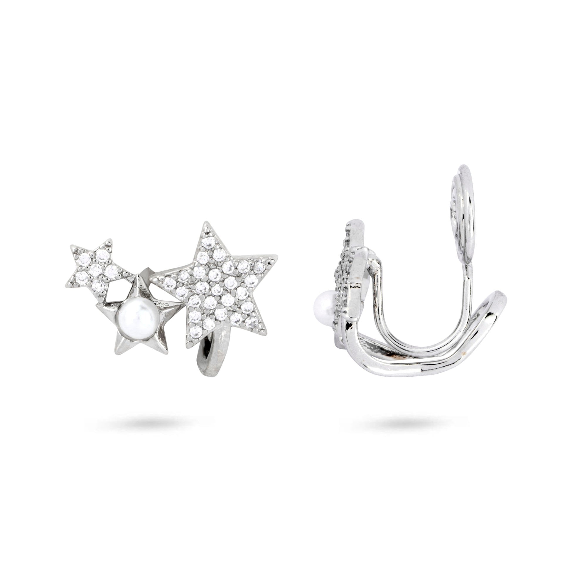 Gold Trip Women's Silver / White Triple Star Clip On Earrings