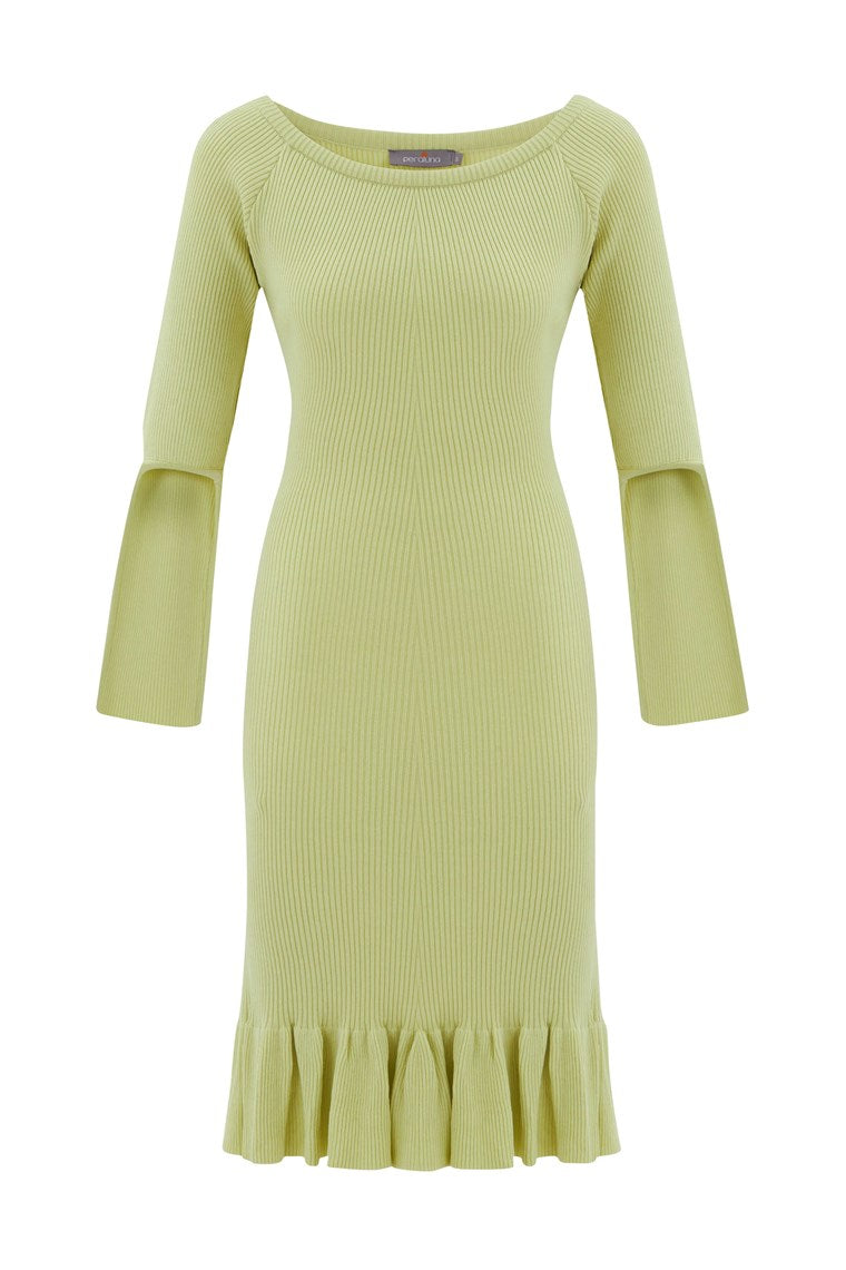 Women’s Boat-Neck Ribbed Ruffled Knitwear Dress - Green Medium Peraluna