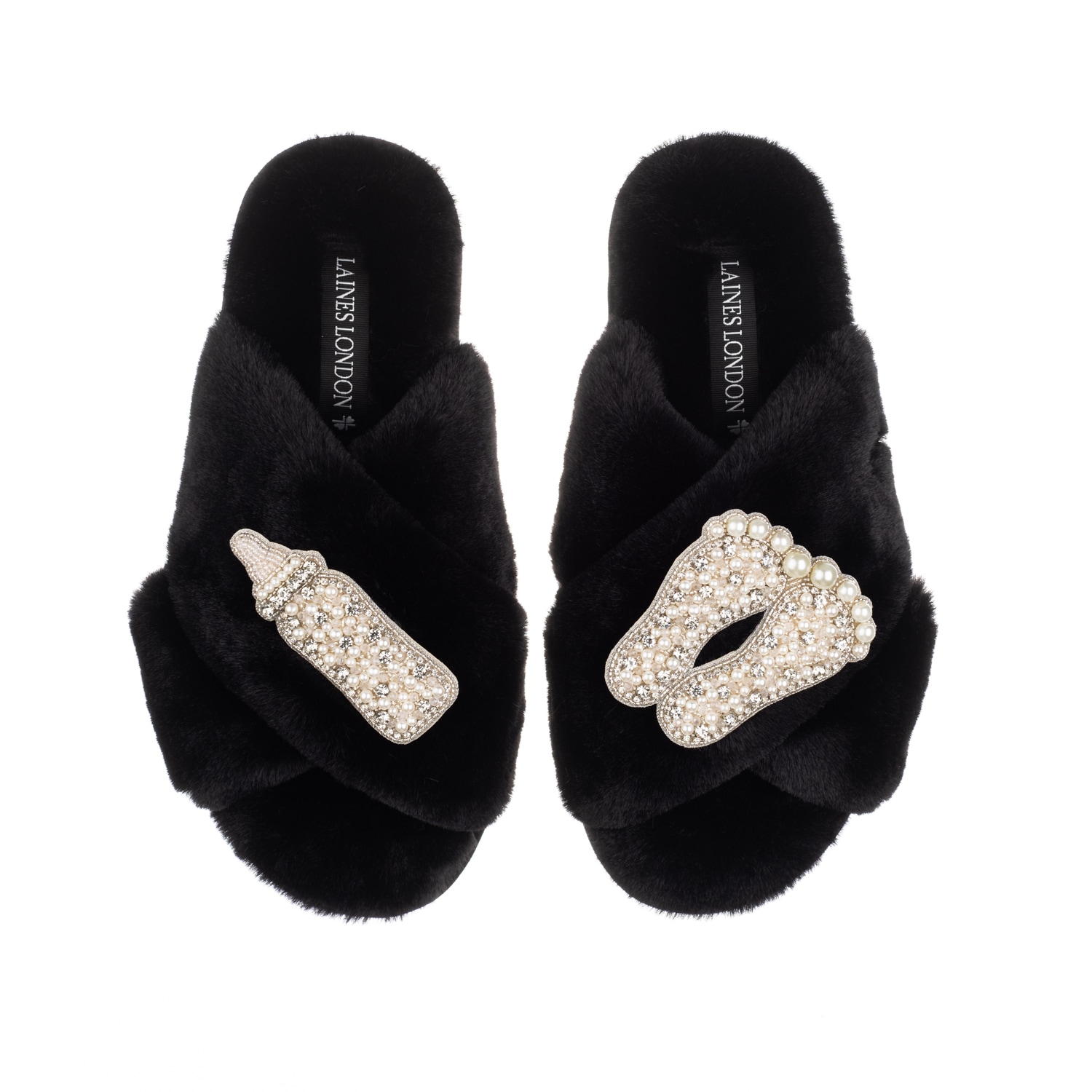 Laines London Women's Classic Laines Slippers With Pearl New Baby Brooches - Black In Black