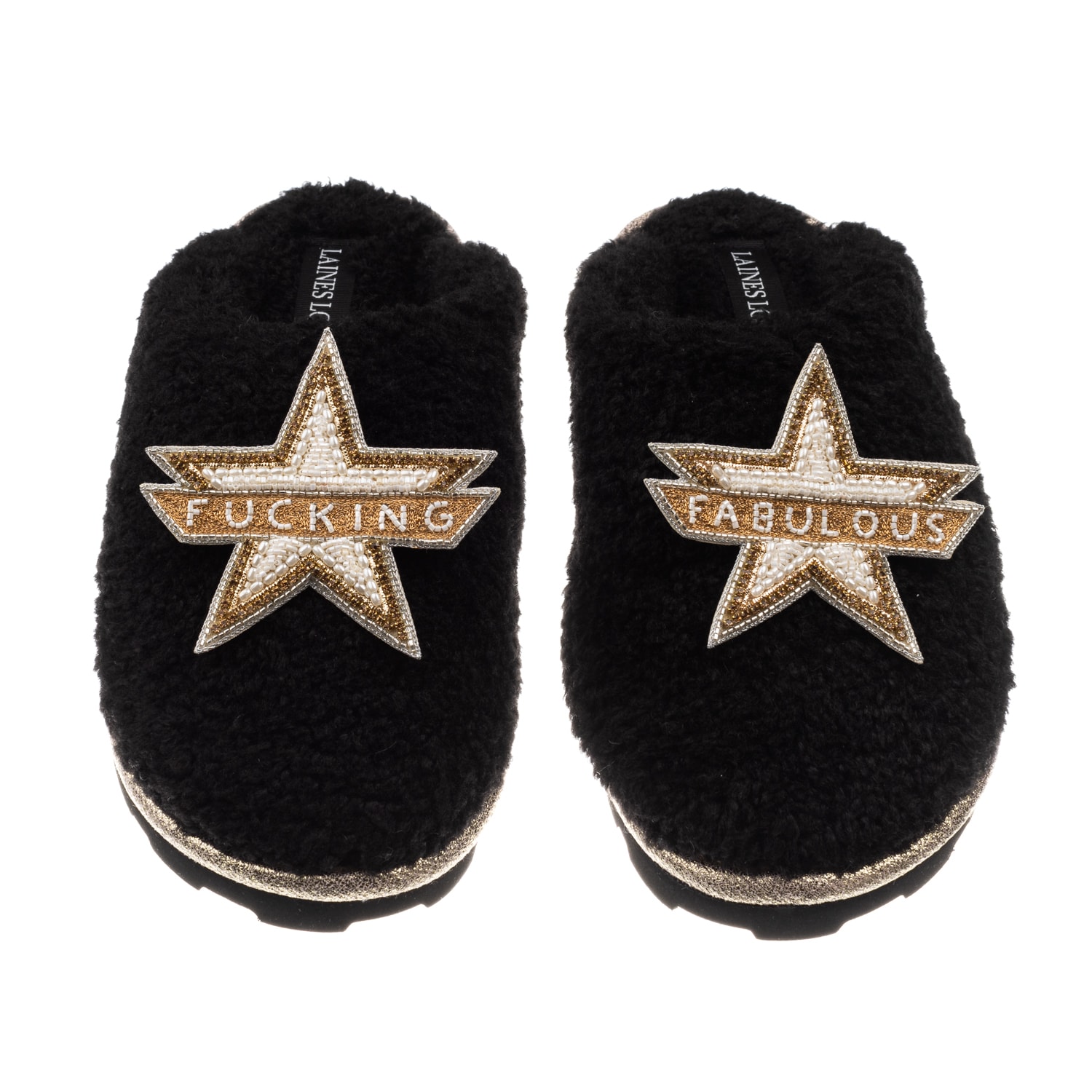Laines London Women's Teddy Closed Toe Slippers With Fucking Fabulous Brooches - Black In Black