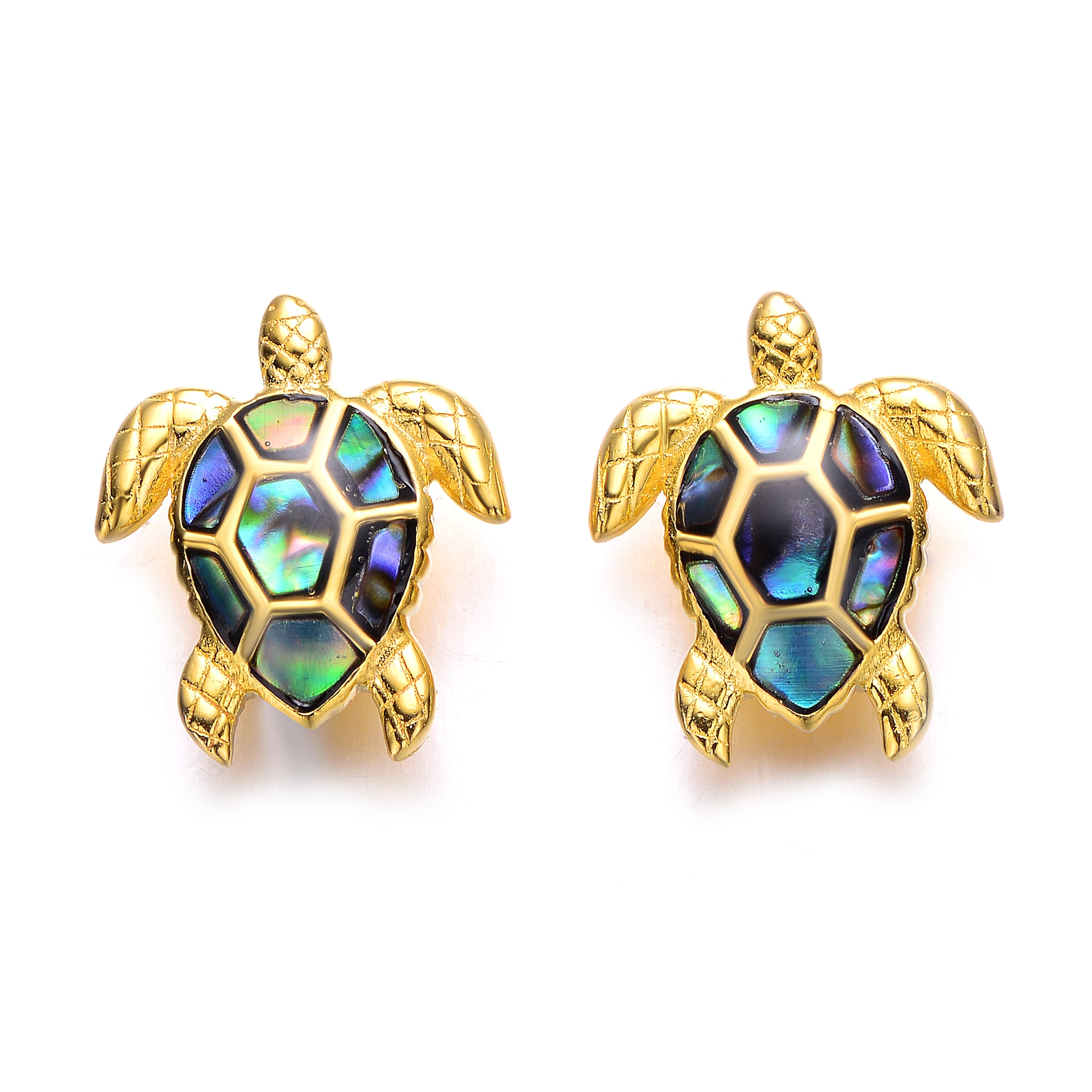 Women’s Sterling Silver Yellow Gold Plated With Shimmering Abalone Shell Inlay Sea Turtle Stud Earrings Genevive Jewelry