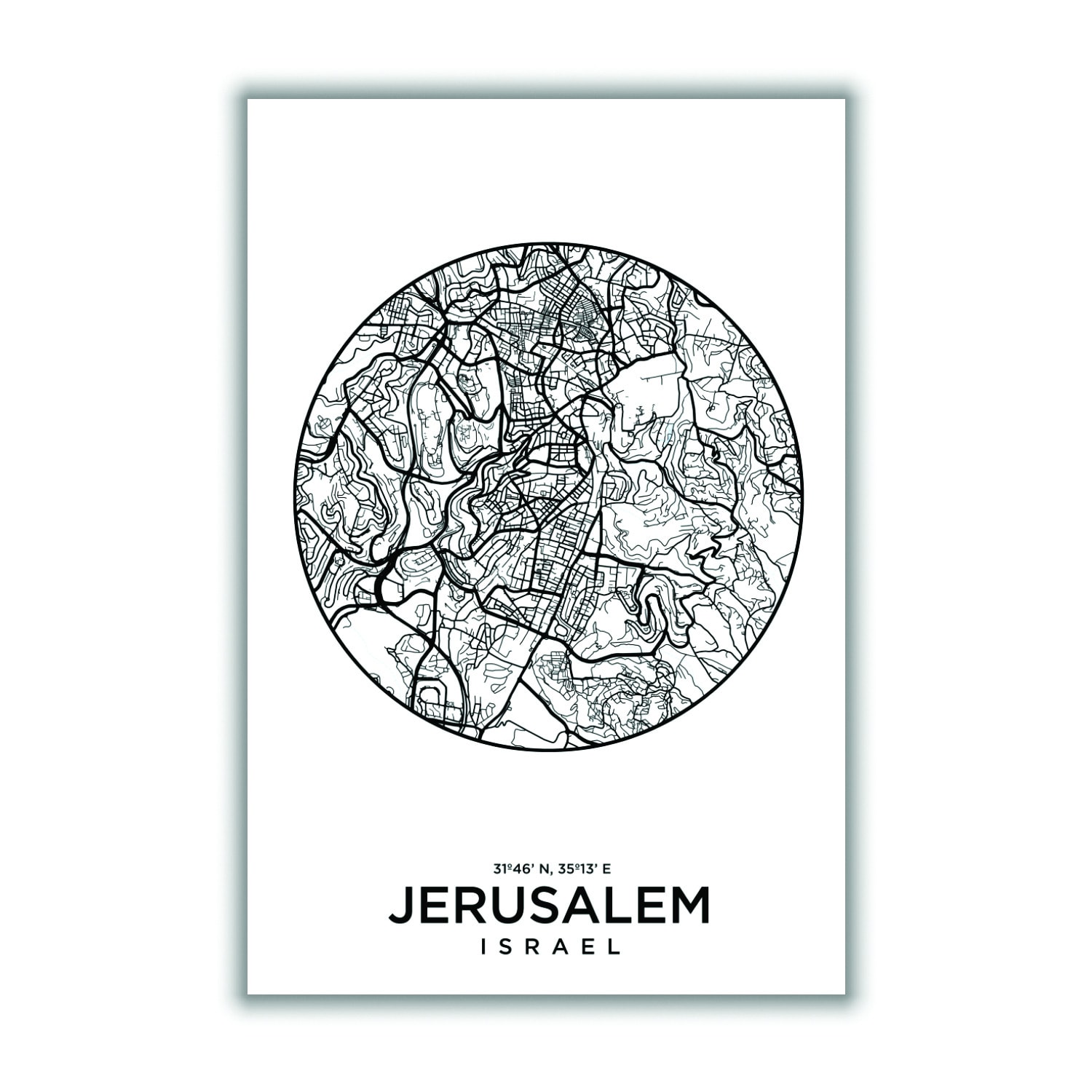 Black Map Of Jerusalem A3 297 X 420Mm Stanley Print House