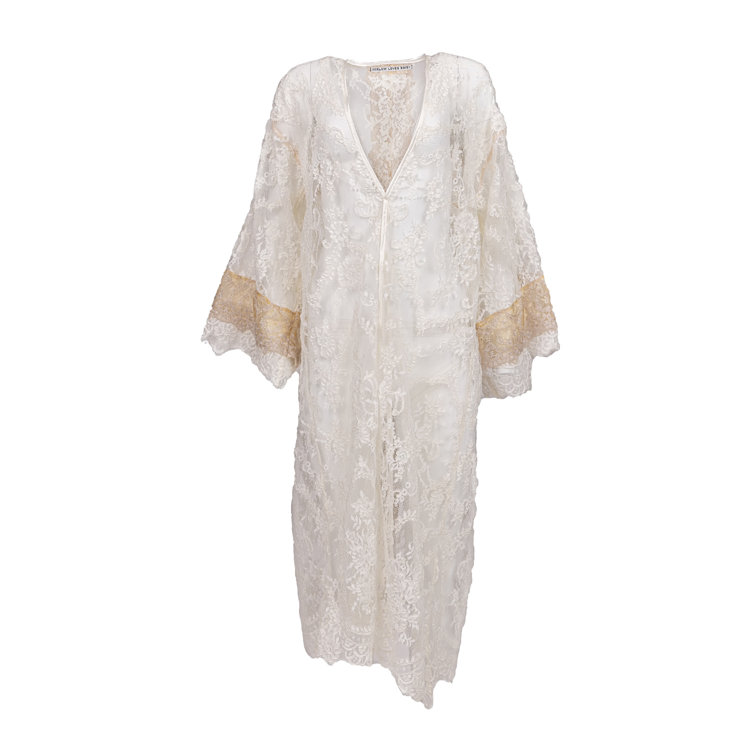 Harlow Loves Daisy Women's Neutrals Flannel - Alabaster French Lace Robe With Golden Embroidered Trim In Yellow