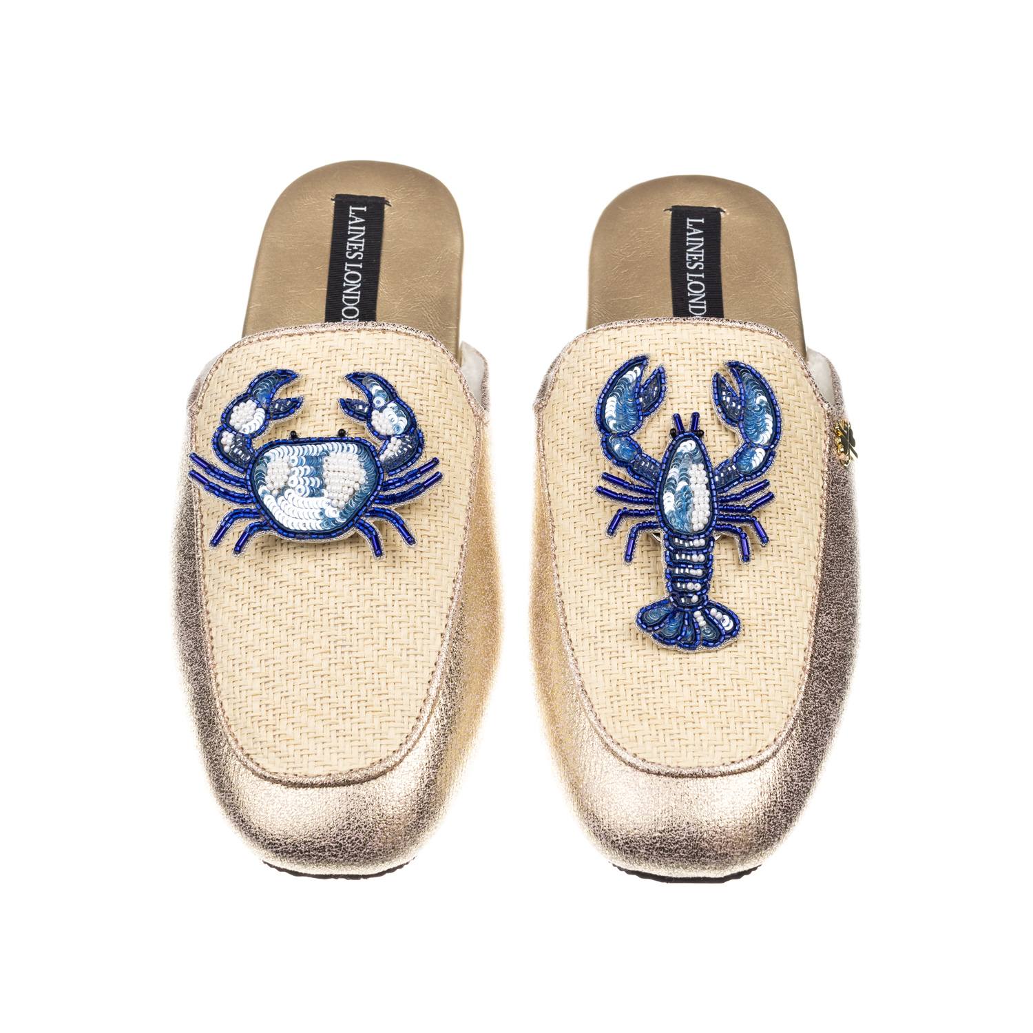 Laines London Women's Gold / Neutrals Classic Mules With With Mediterranean Blue Crab & Lobster Brooches - Cream & In Gold