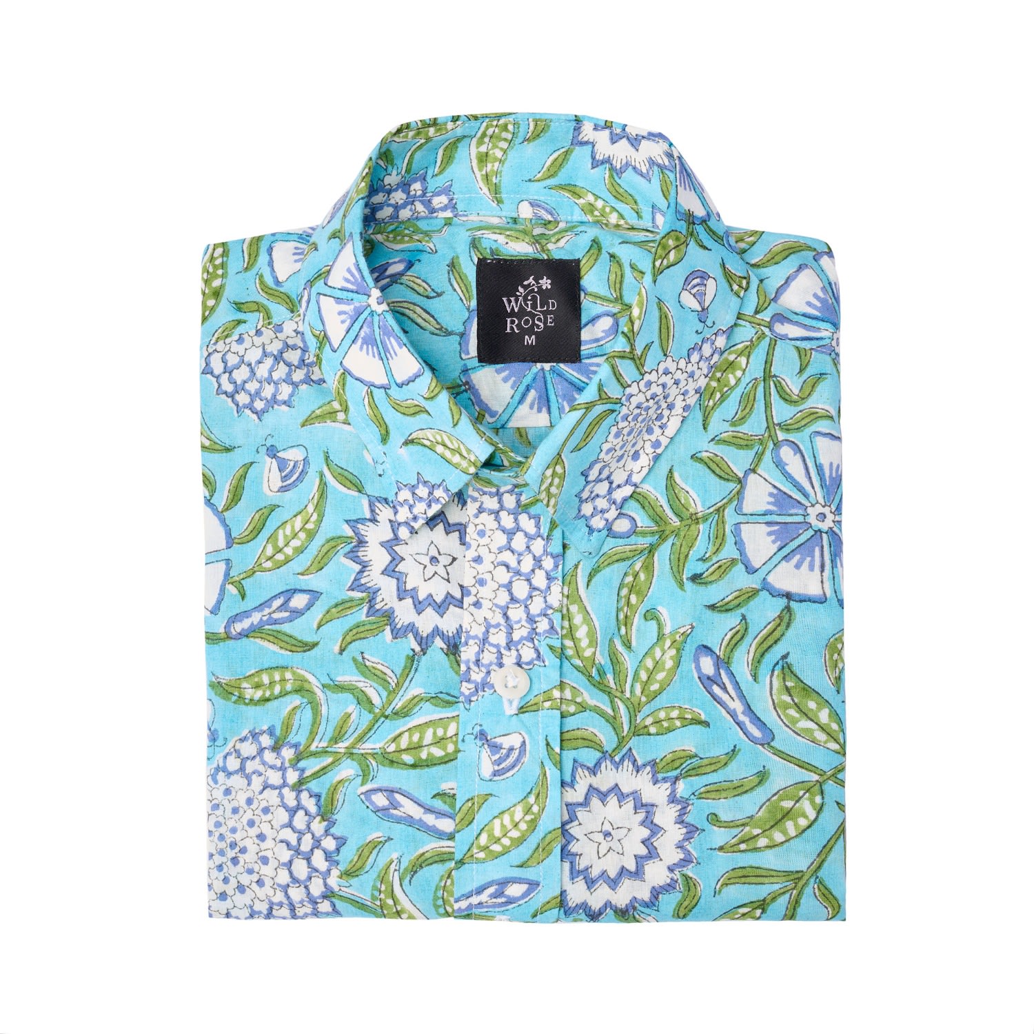 Men’s Blue Shauku Hand Block Print Cotton Long Sleeved Floral Shirt Small Wild Rose