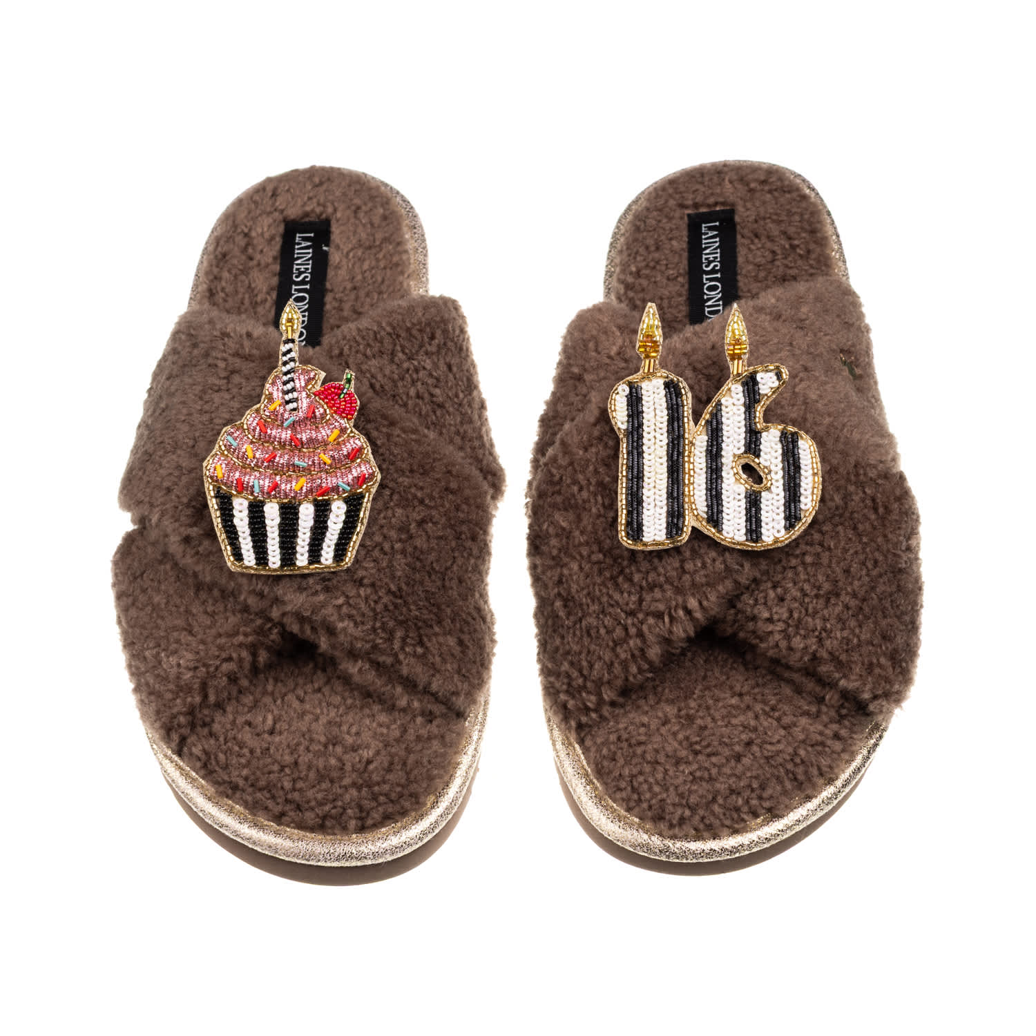 Laines London Women's Brown / Neutrals Laines Neutral Boucle Slippers With Stripe 16th Birthday & Cake Brooches - 