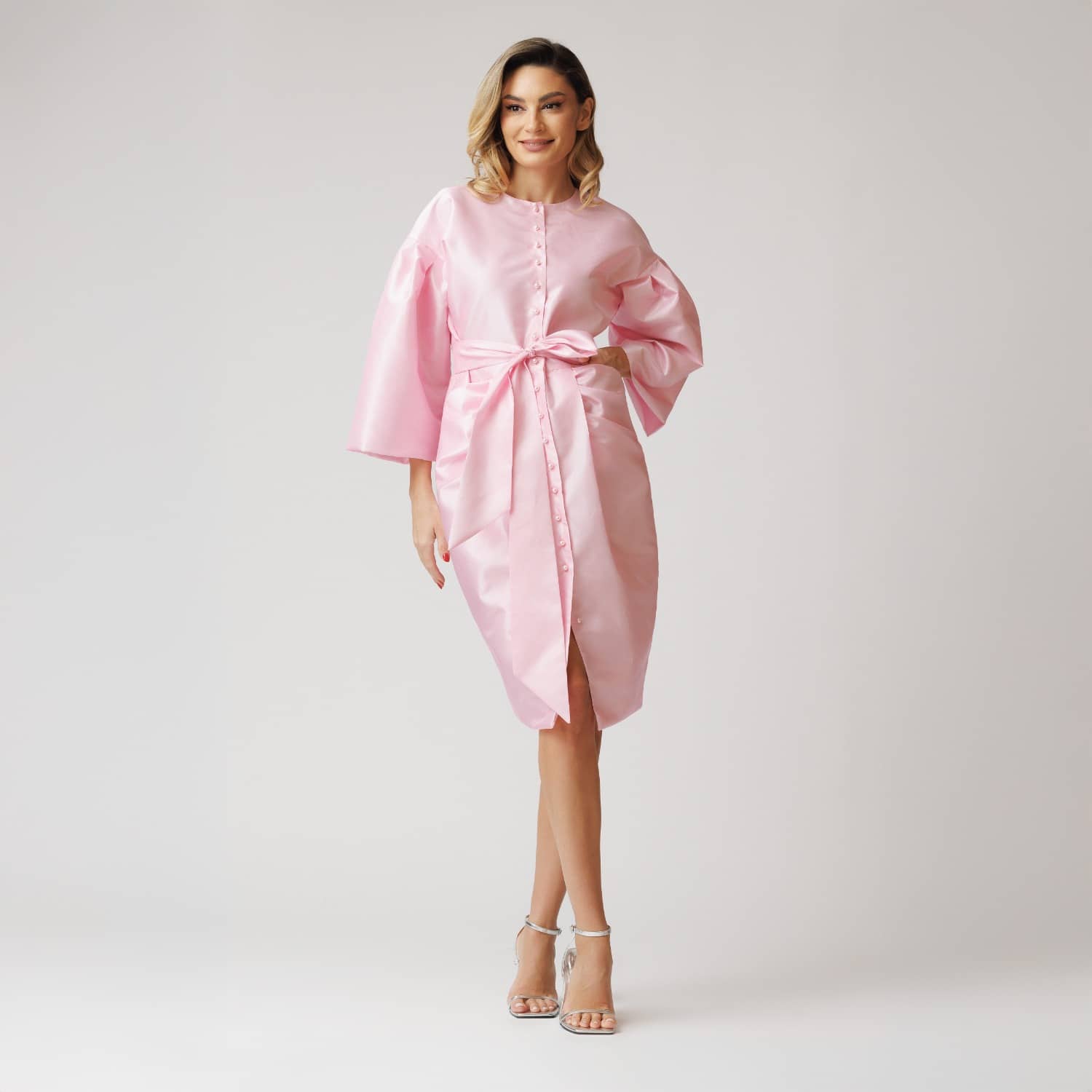 Pale Pink Taffeta Dress With Puff Sleeves And Pleats | concept A trois |  Wolf & Badger
