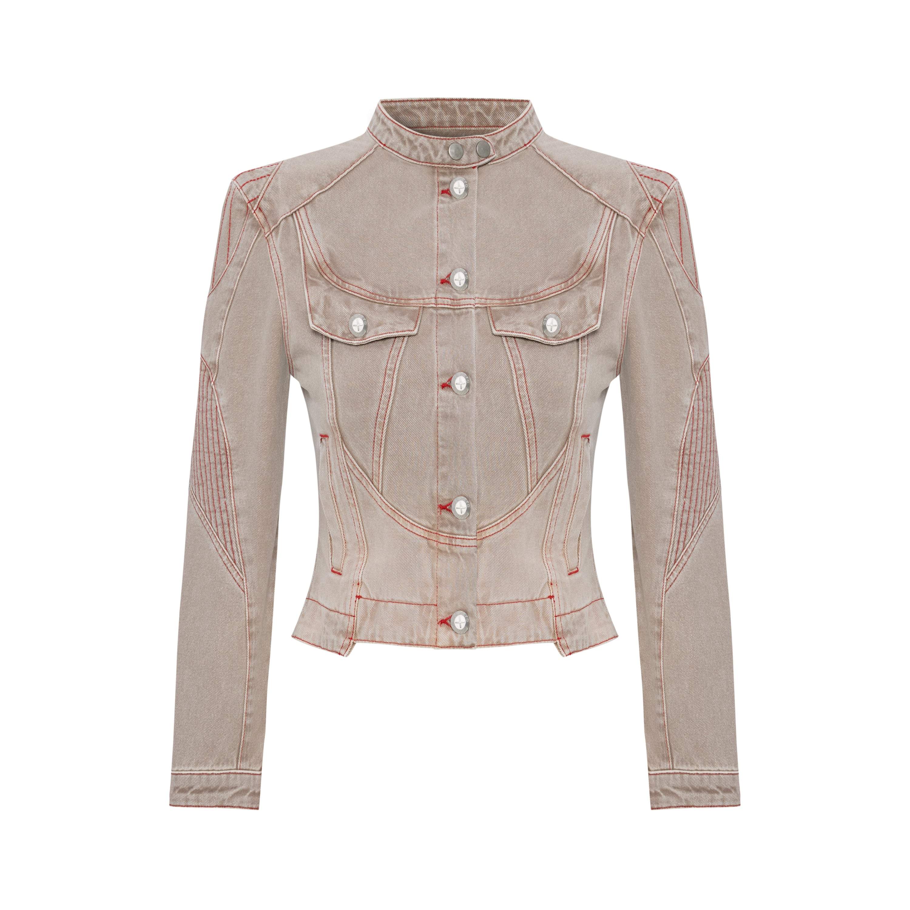 Pcfg Women's Neutrals Pure Cotton Faded Motorcycle Denim Jacket - Moon Rock