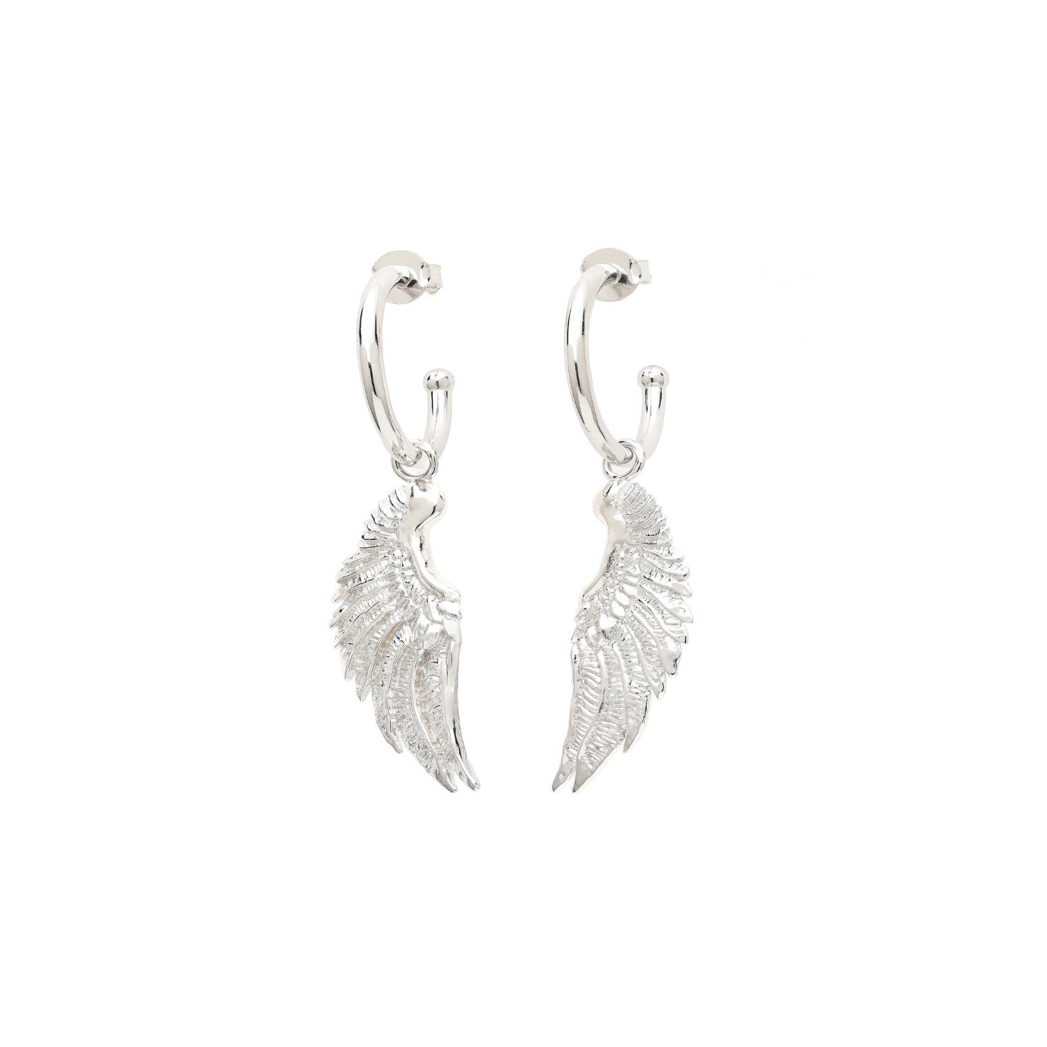 Women’s Angel Wing Hoop Earrings, White Rhodium Over Sterling Silver Seven Saints