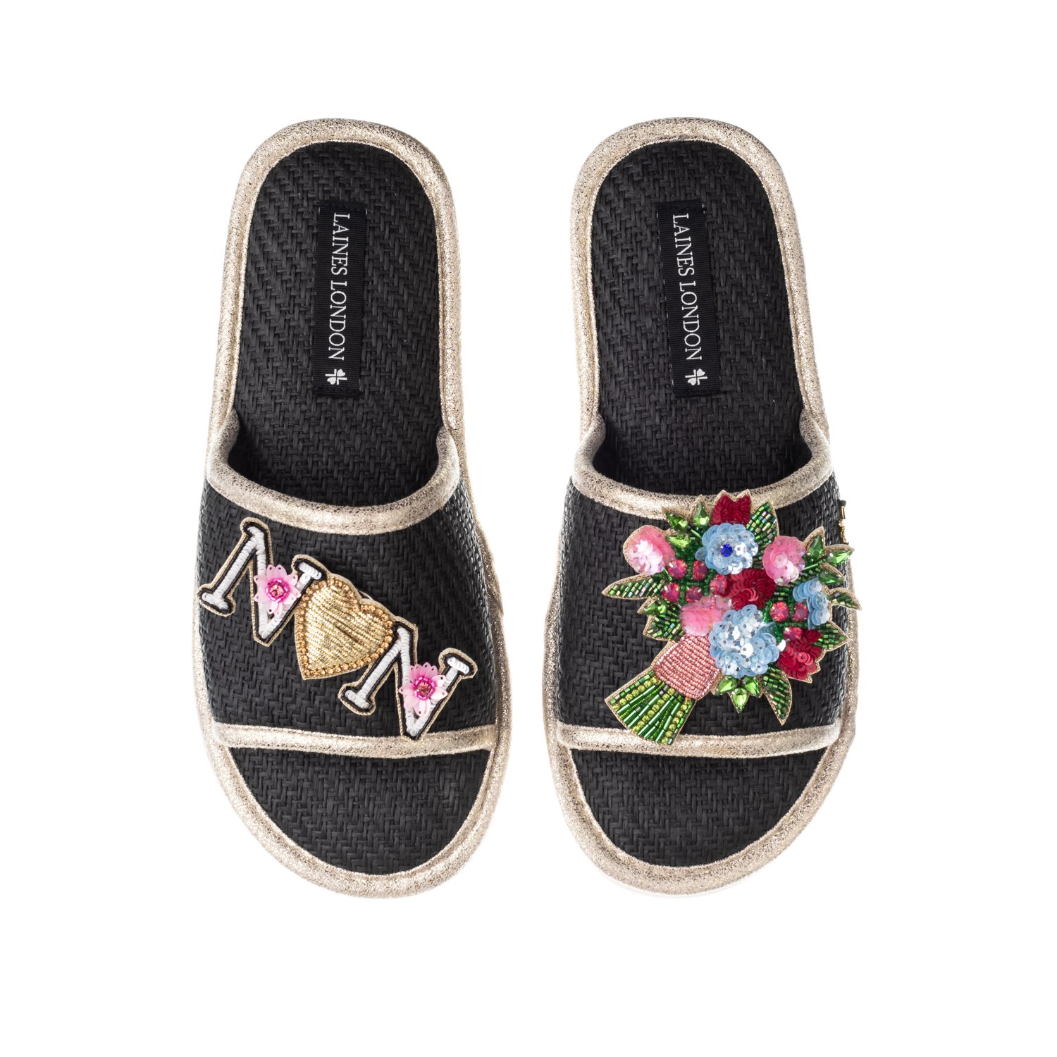 Women’s Straw Braided Mother’s Day Sandals With Flower Bouquet & Nan Brooches - Black Small Laines London