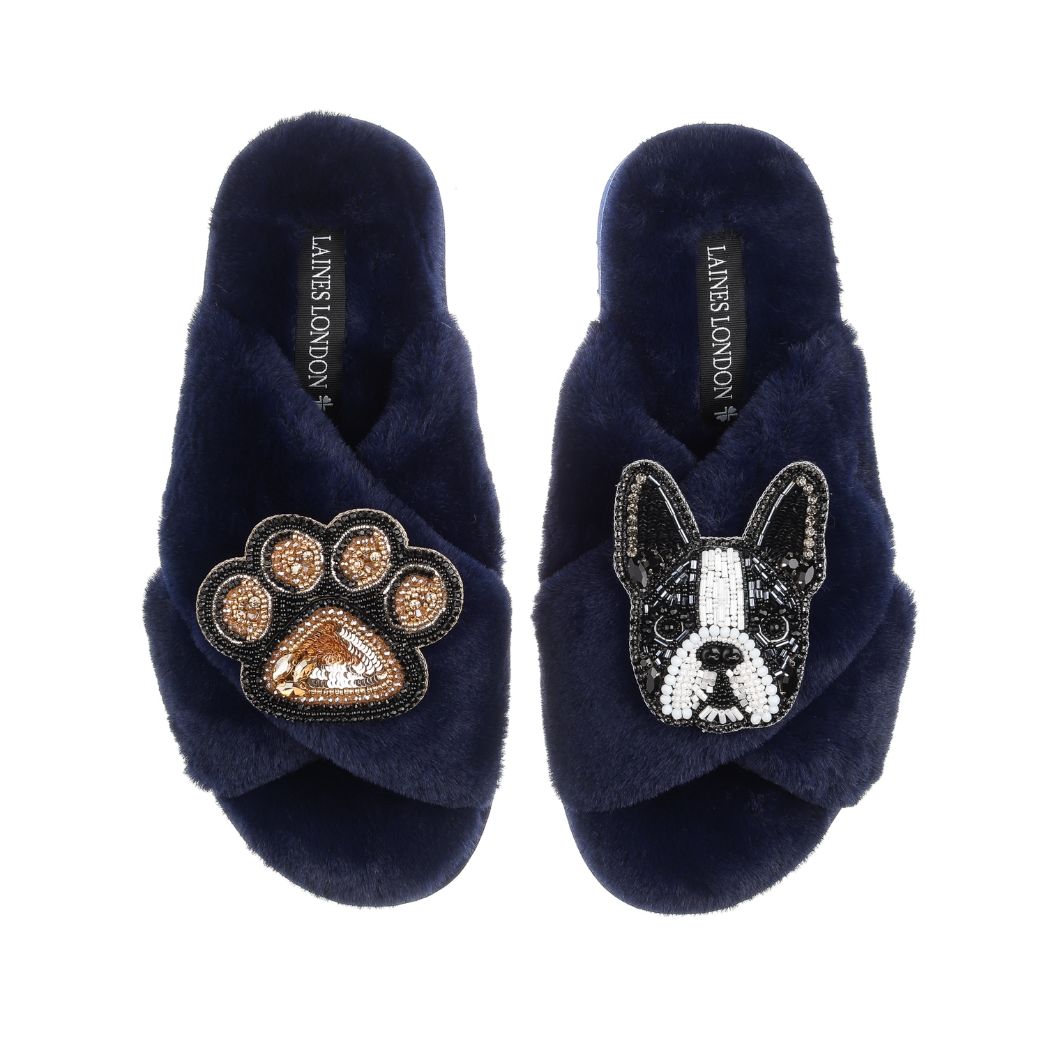 Laines London Women's Blue Classic Laines Slippers With Buddy Boston Terrier & Paw Brooches - Navy In Blue