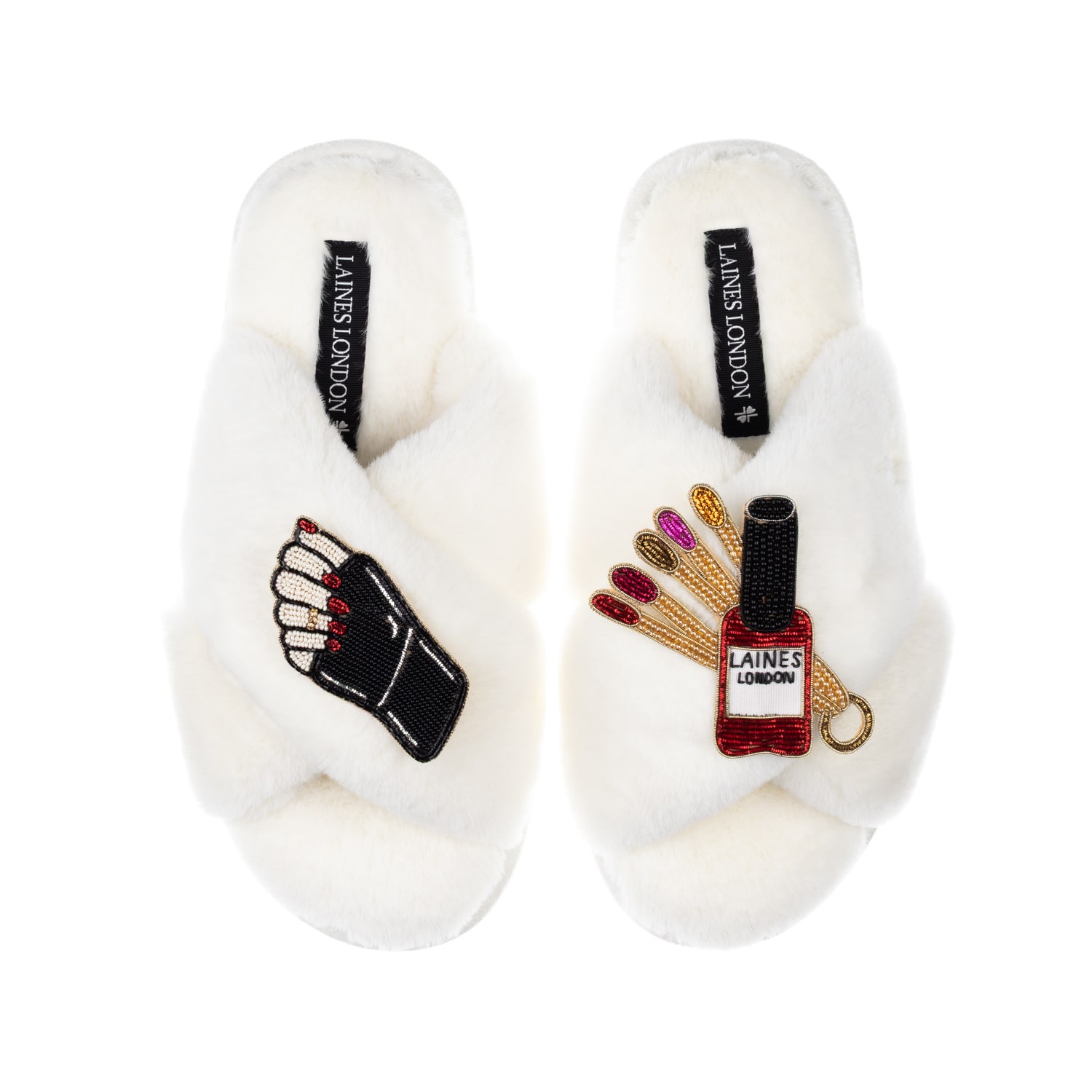 Women's Neutrals / White Classic Laines Slippers With Sand Nail Tech Brooches - Cream | Extra Large | Laines London