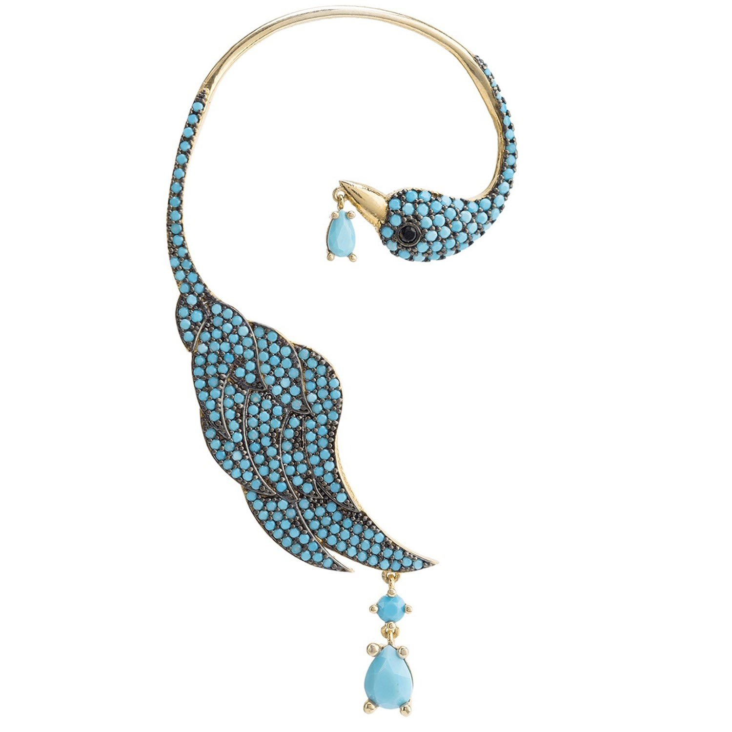 Women’s Blue / Gold Bird Paradise Ear Climber Turquoise Gold Right Latelita