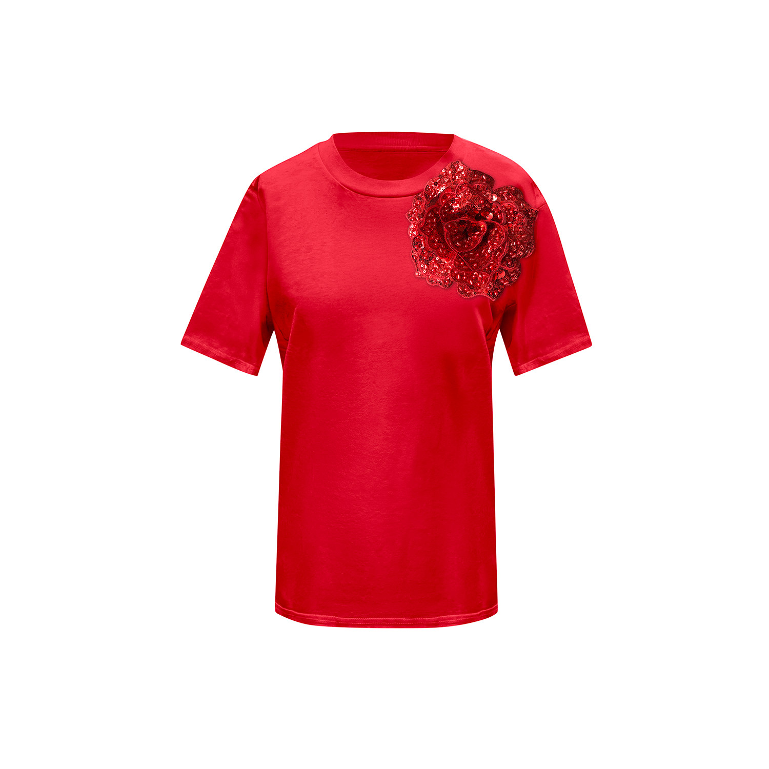 Toma Women's Red Cotton T-shirt With Red Side Sequin Rose In Red