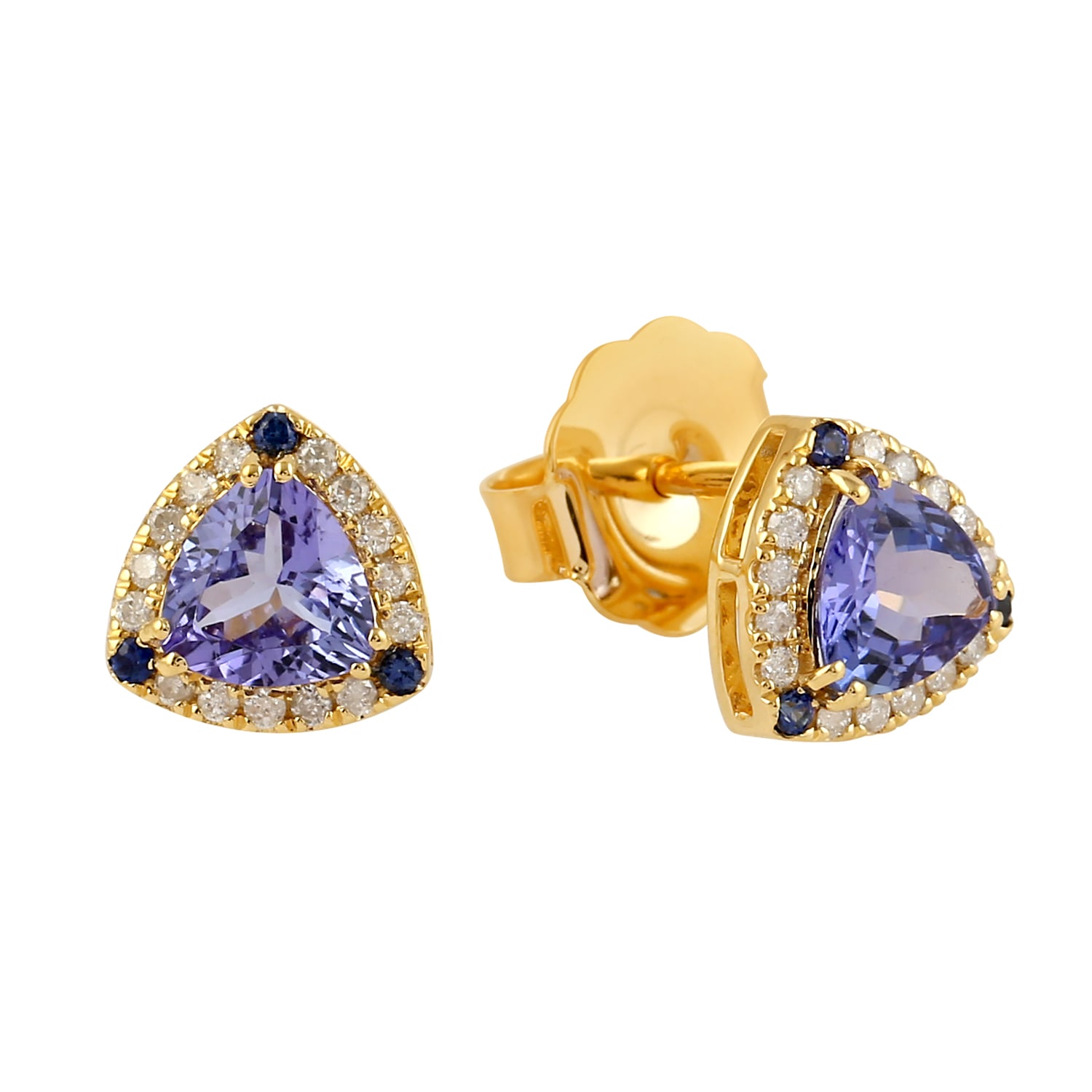 Women’s Yellow / Orange / White Trillion Tanzanite Pave Diamond & Sapphire Trillion Stud Earring 14K Yellow Gold Artisan