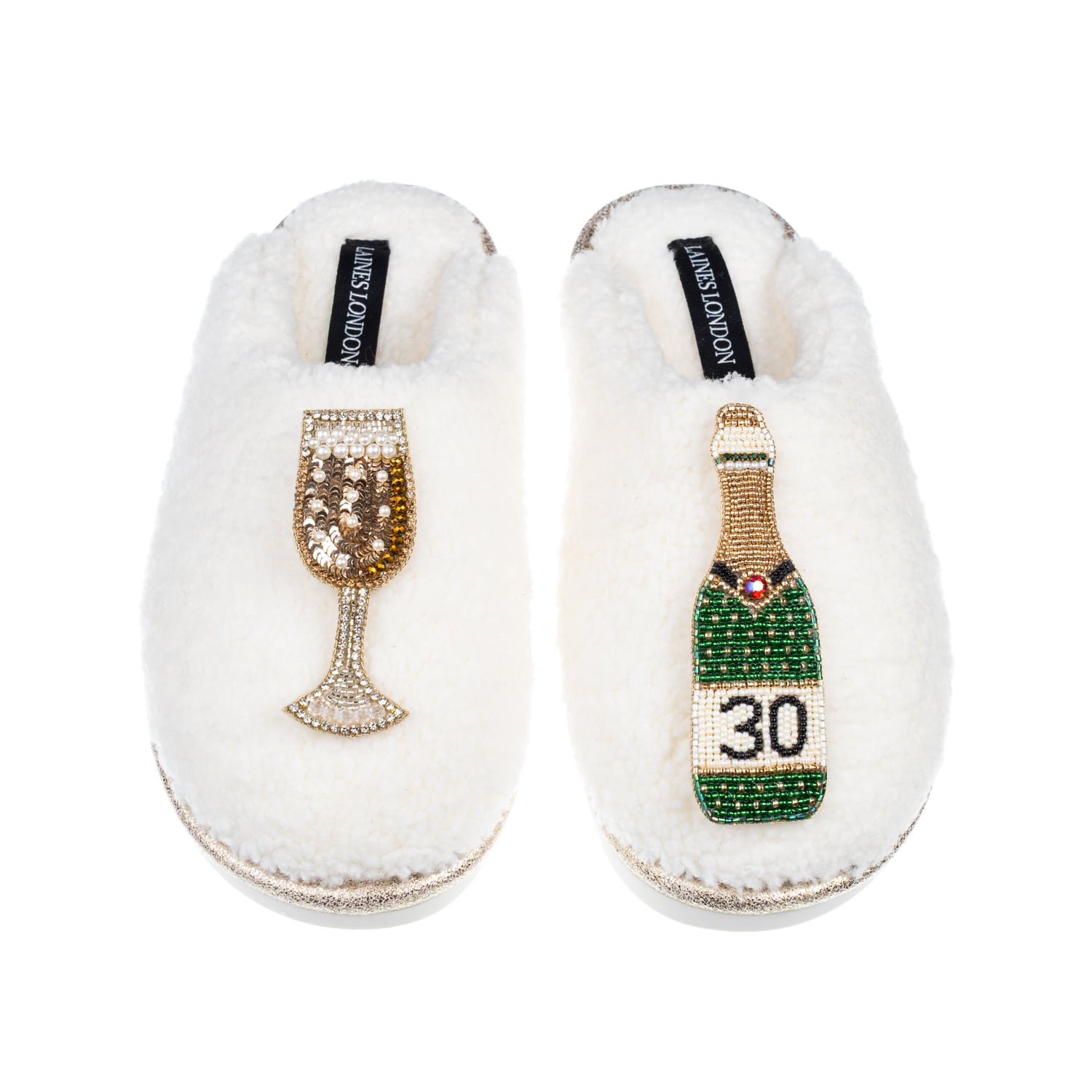 Women's Neutrals / White Teddy Closed Toe Slippers With 30Th Champers Bottle & Glass Brooches