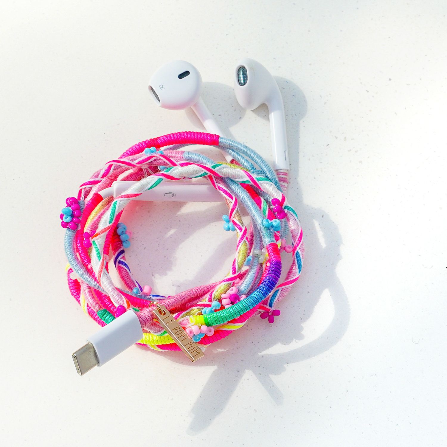 Le Pom Pom Pink Aya Beaded Earphones