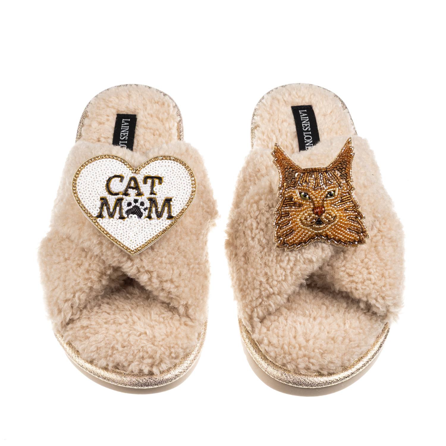 Laines London Women's Brown / Neutrals Boucle Slippers With Cat Mum/mom & Maine Coon Cat Brooches - Oatmeal In Brown