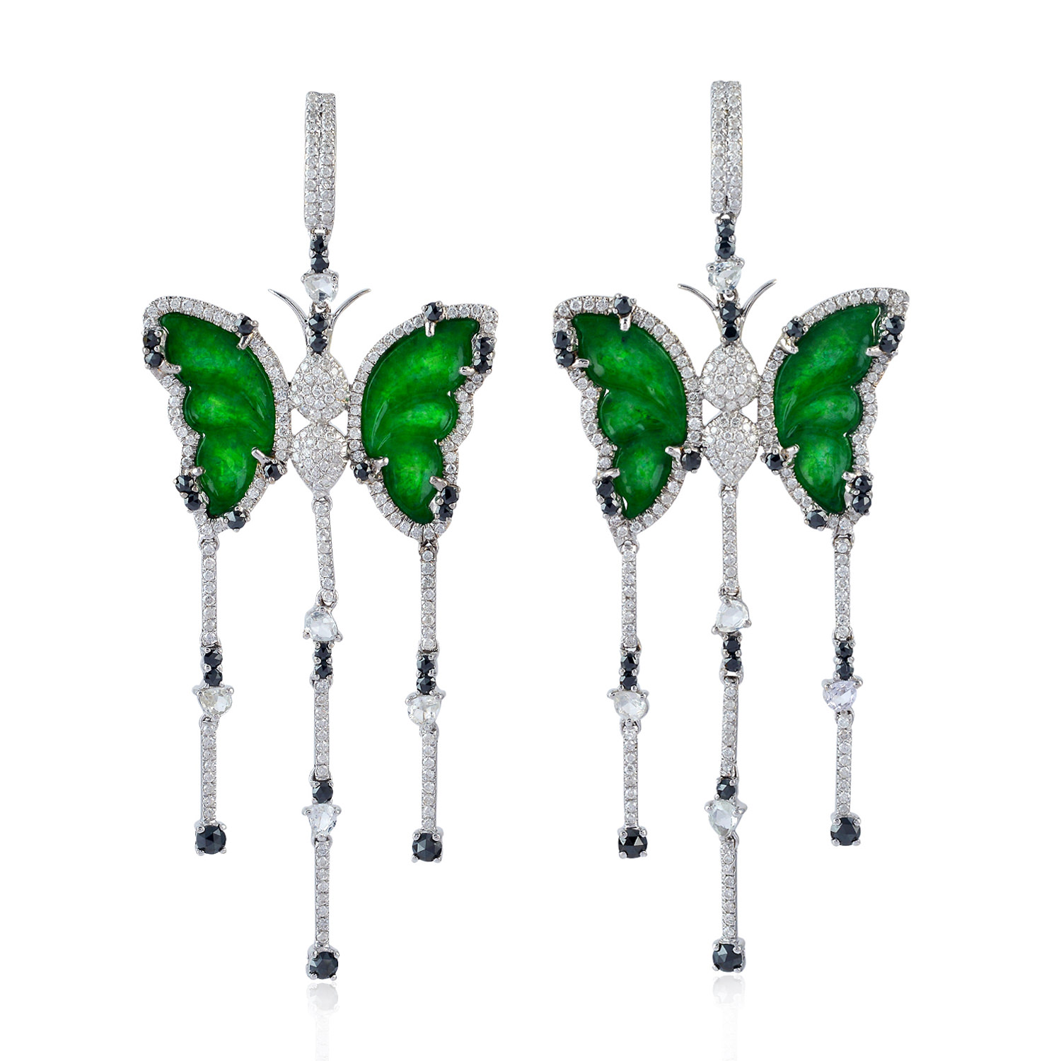 Women’s Green / White 18K White Gold Diamond Jade Sapphire Butterfly Dangle Earrings Artisan