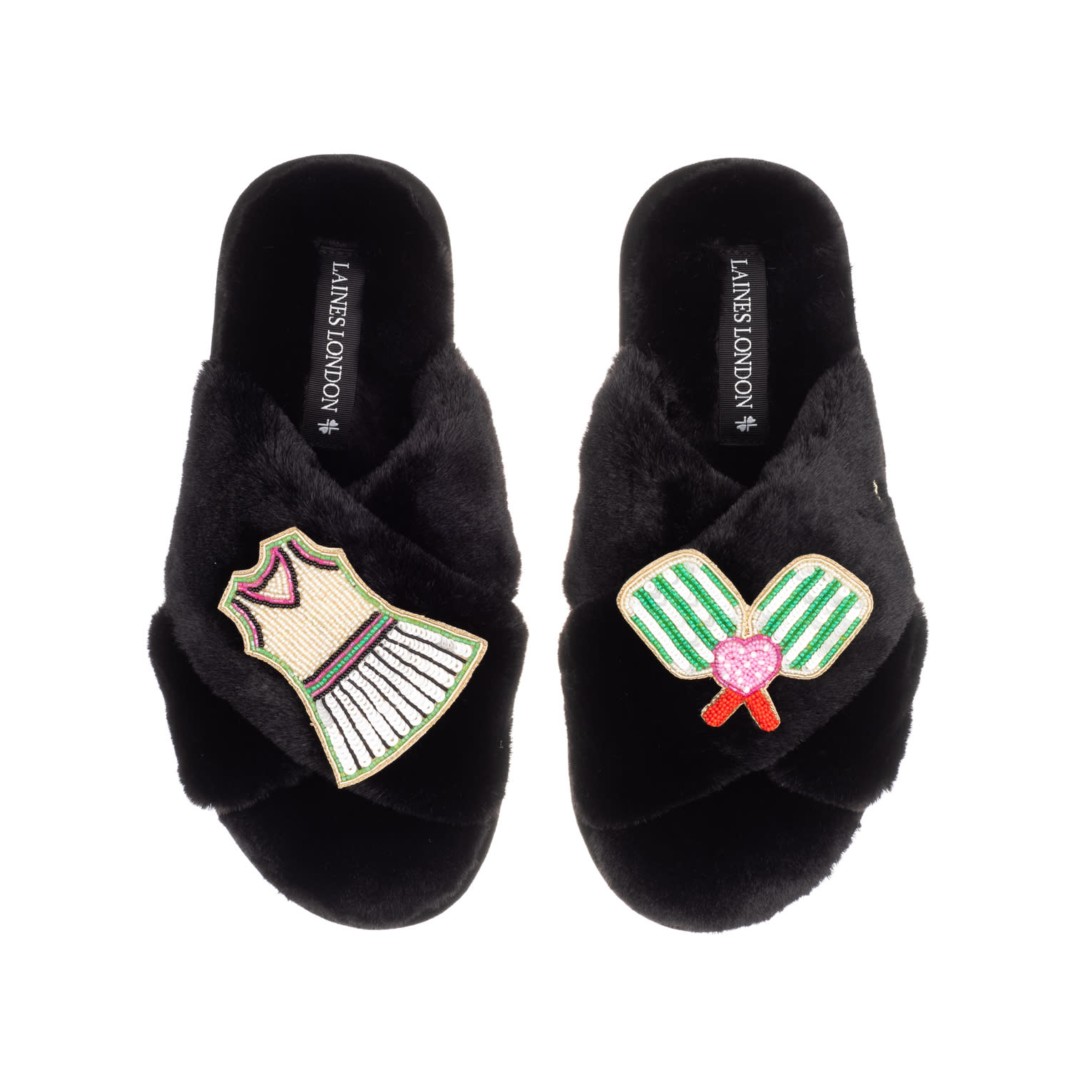 Laines London Women's Classic Laines Slippers With Pickle Ball Brooches - Black In Black