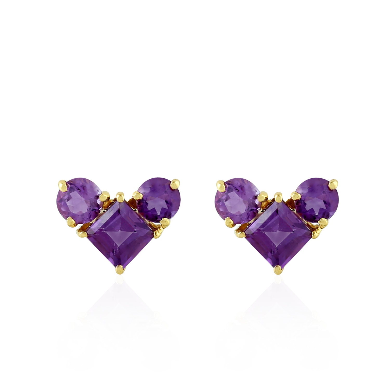 Women’s Gold / Pink / Purple 14K Yellow Gold Three Stone Amethyst Stud Earrings Gemstone Artisan