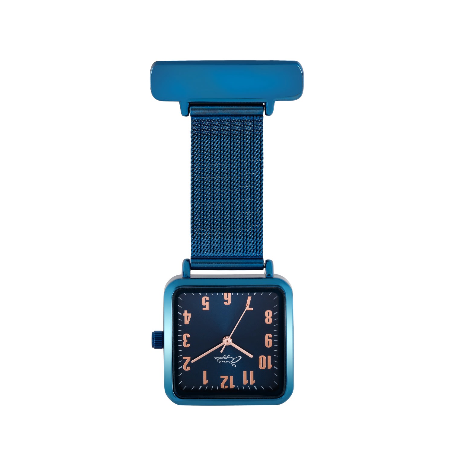 Bermuda Watch Company Women's Annie Apple Square Rose Gold & Blue Mesh Nurse Fob Watch In Blue