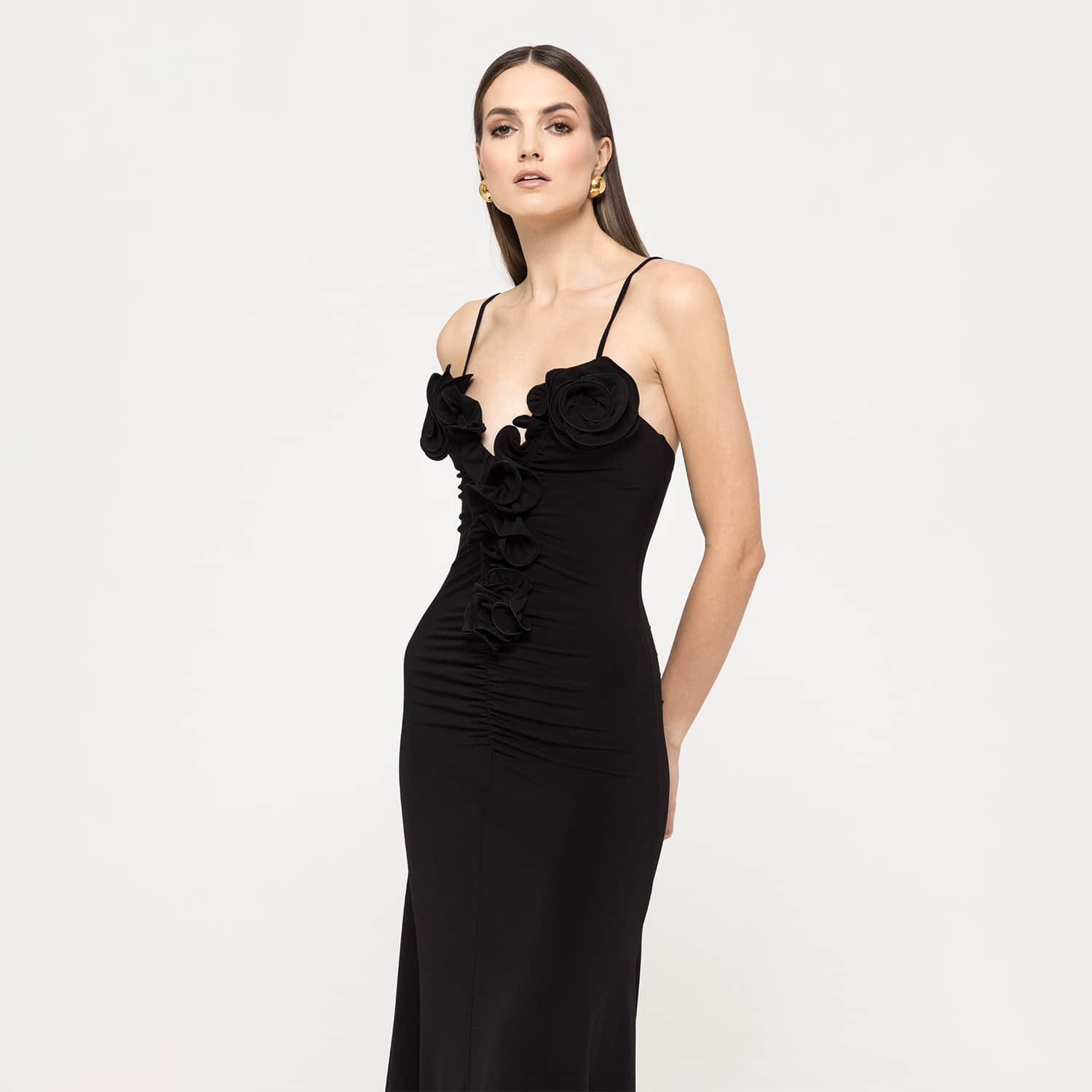 Floral-Applique Jersey Midi Dress Black | Nissa | Wolf & Badger