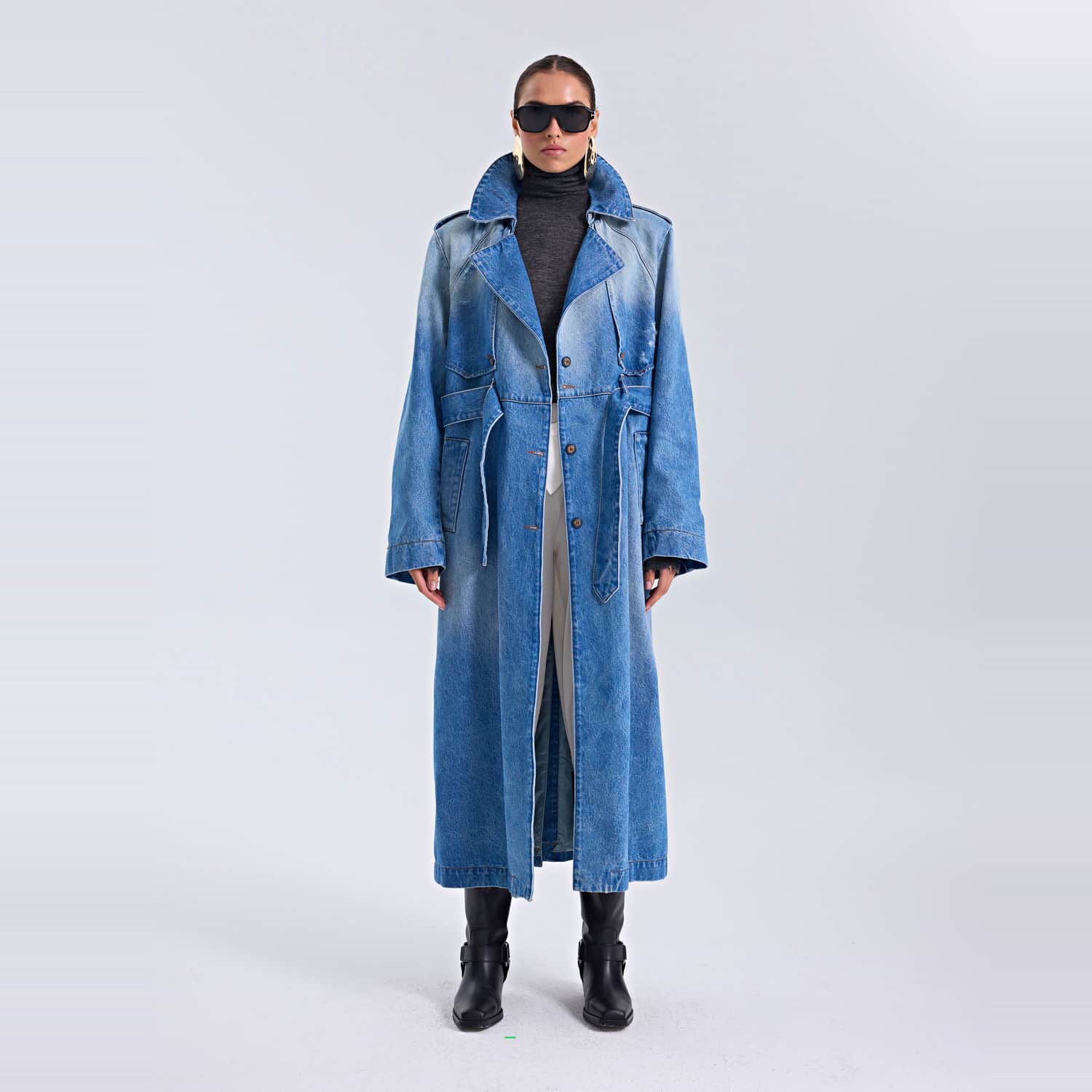 Oversized Denim Trench Coat - Classic Washed | GOC DENIM | Wolf