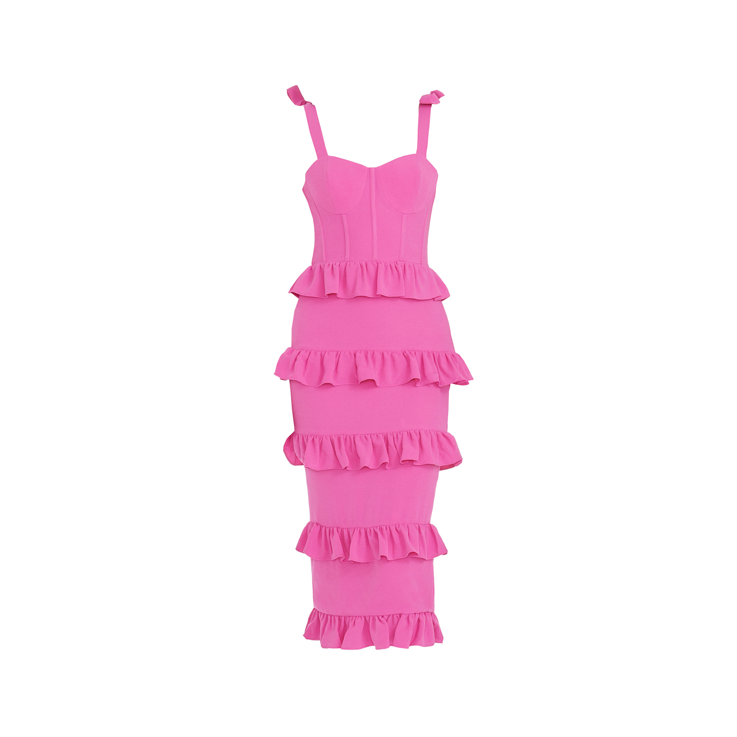 Dress The Population Tati Tiered Ruffle Cocktail Midi Dress In Pink/purple