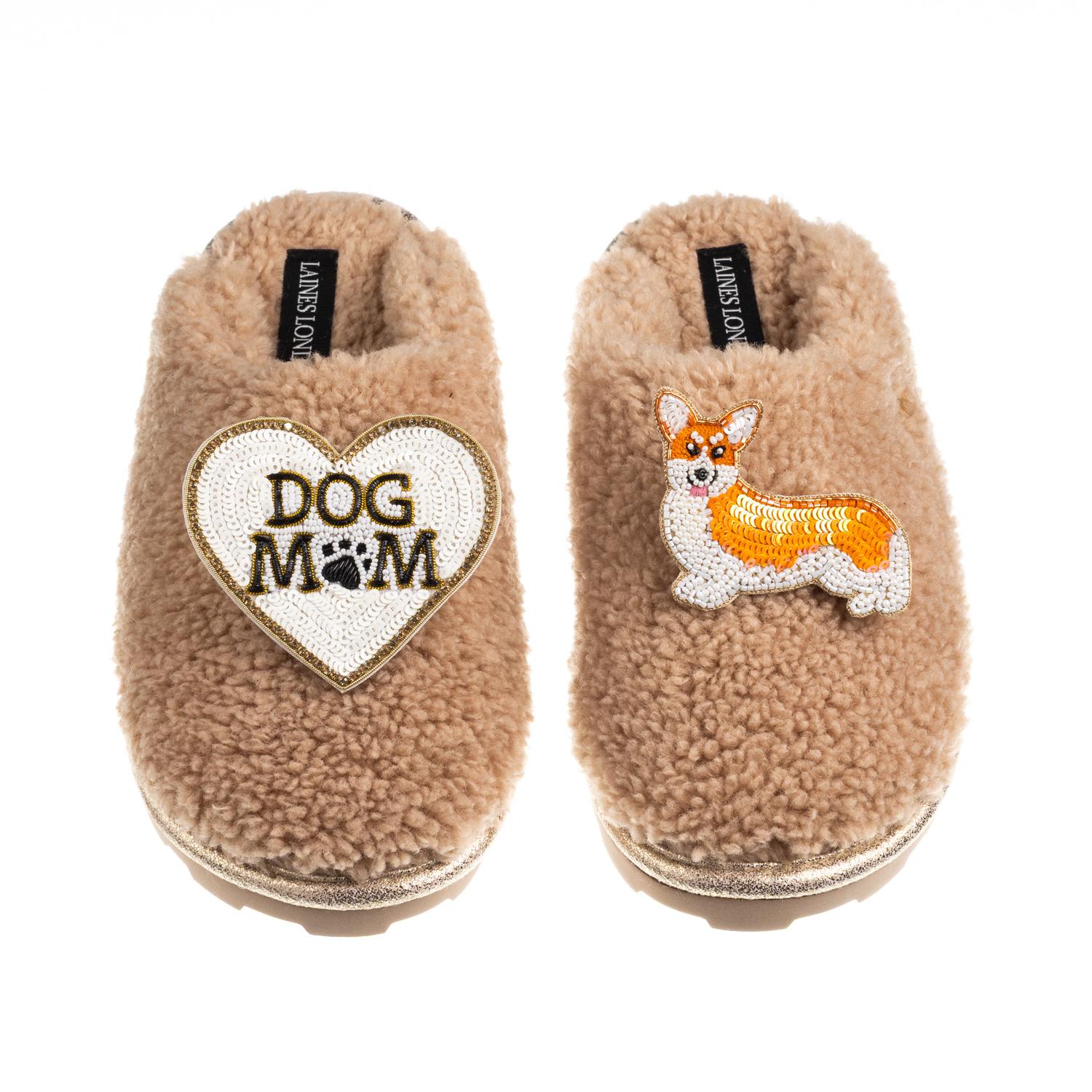 Laines London Women's Brown / Neutrals Teddy Closed Toe Slippers With Dog Mum/mom & Peach The Corgi Brooches - Tof In Brown