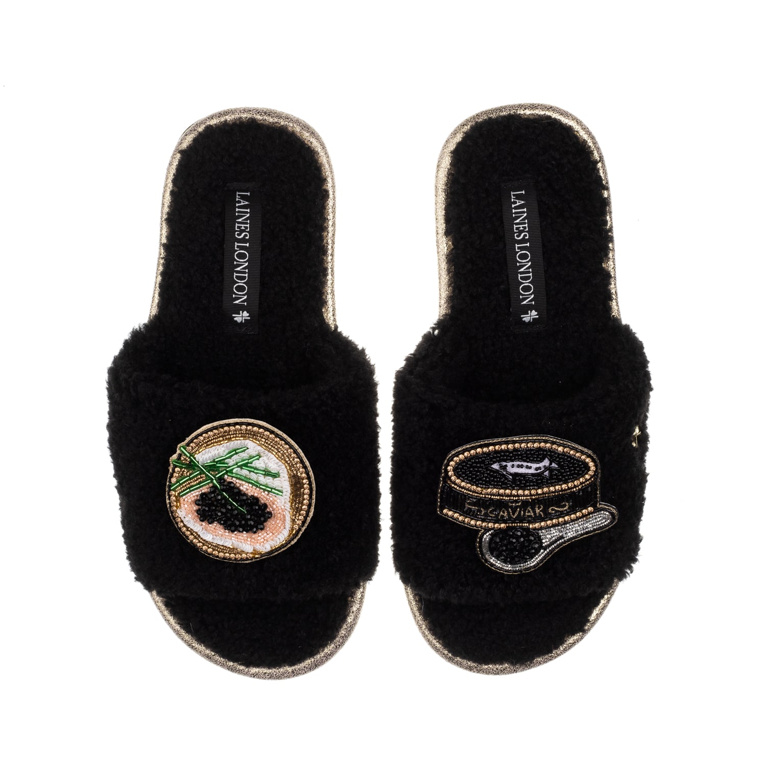 Laines London Women's Teddy Toweling Slipper Sliders With Caviar & Blini Brooches - Black In Black